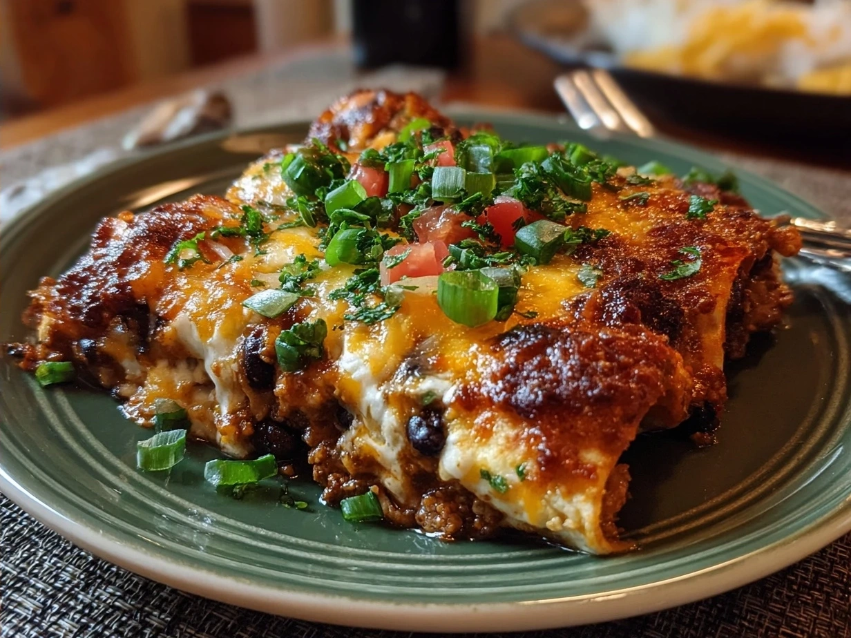 A serving of Ground Turkey Black Bean Enchiladas with sides