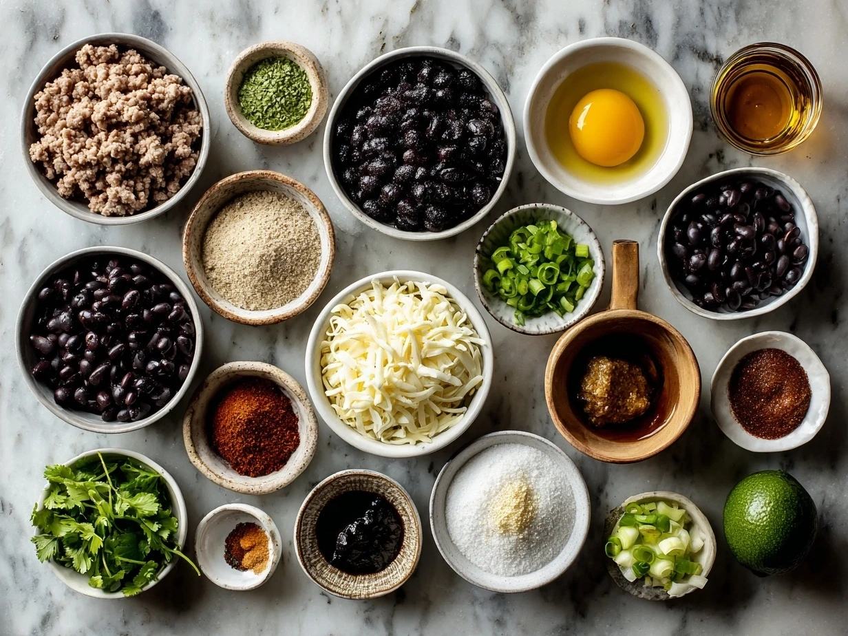 Ingredients for Ground Turkey Black Bean Enchiladas laid out on a table