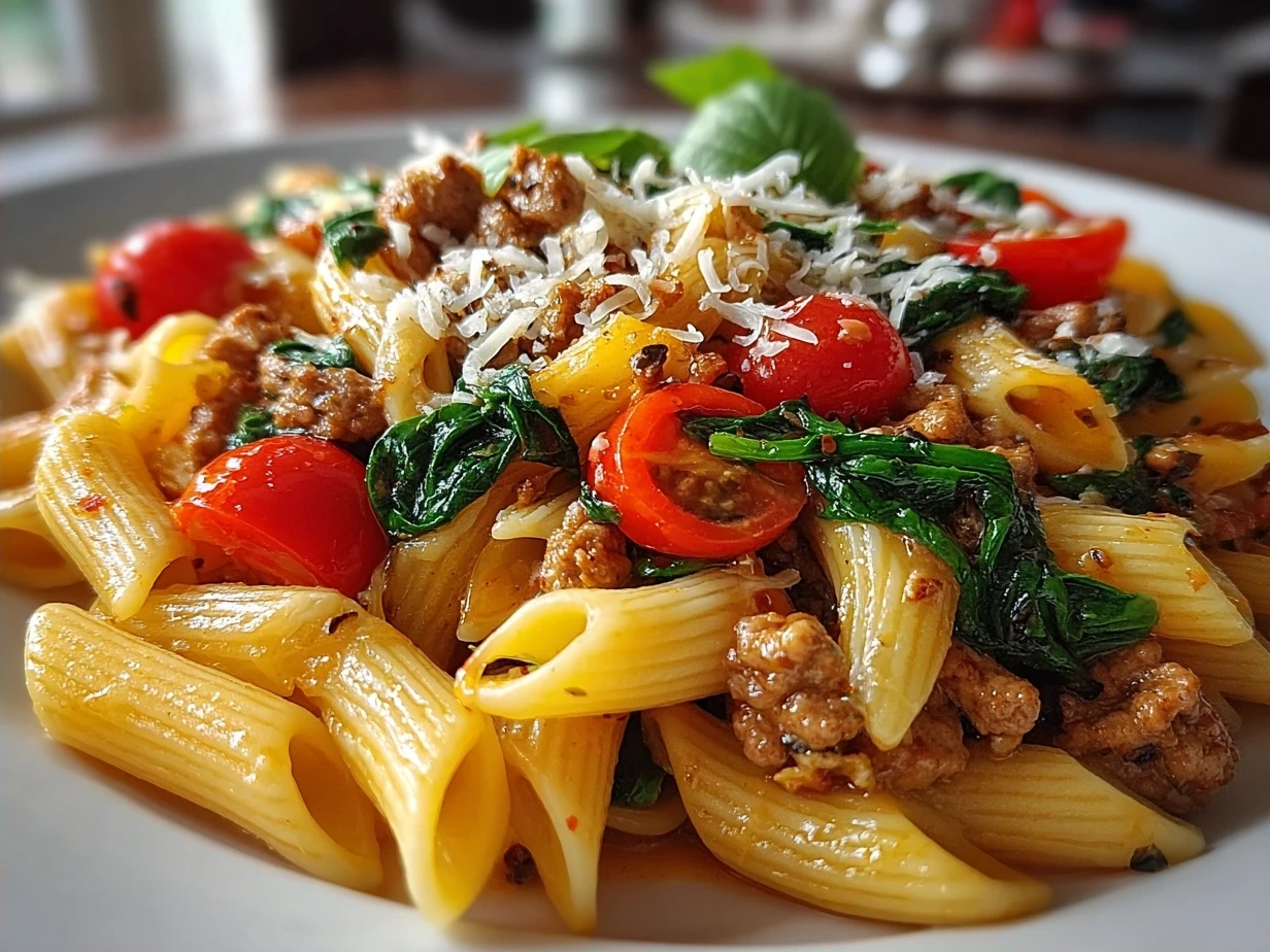 Serving bowl of Ground Turkey Pasta garnished with fresh herbs and Parmesan cheese
