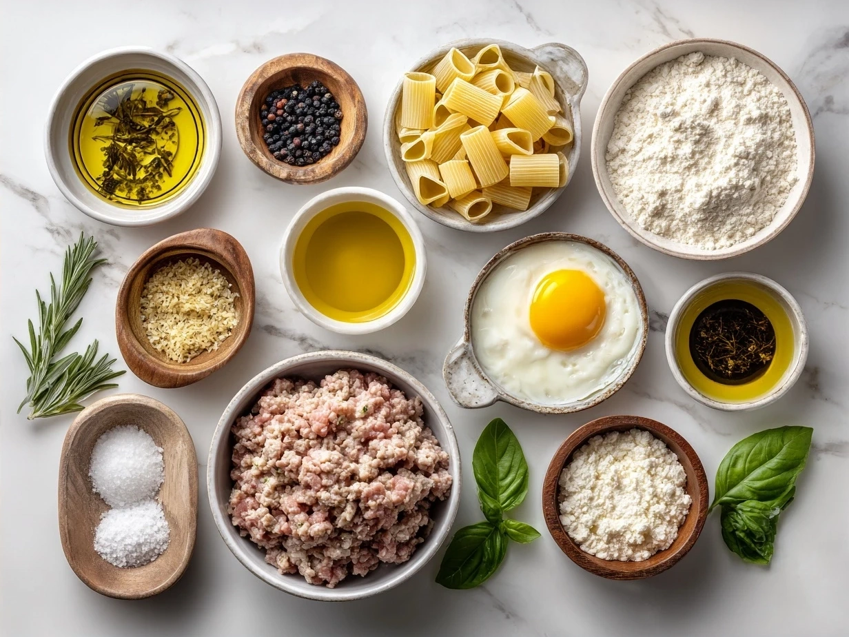 Ingredients for Ground Turkey Pasta including ground turkey, pasta, canned tomatoes, garlic, and spices
