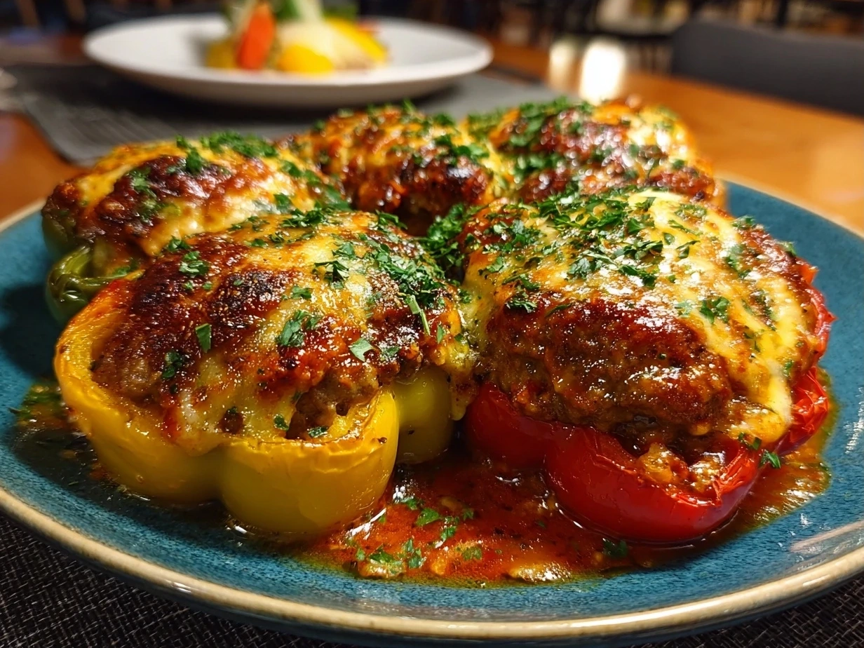 Plated Ground Turkey Stuffed Peppers garnished with fresh herbs