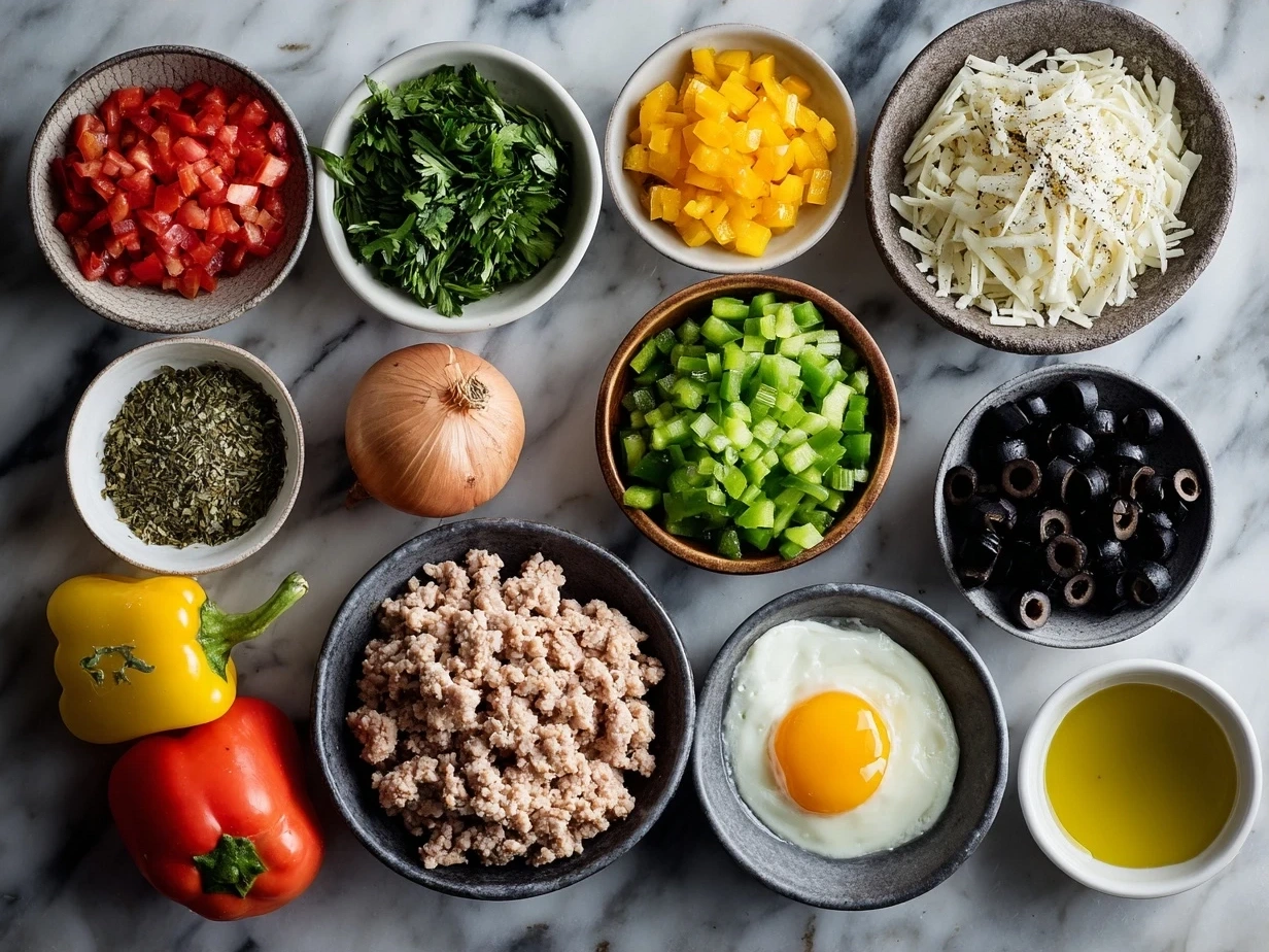 Ingredients for Ground Turkey Stuffed Peppers including bell peppers, ground turkey, rice, onions, garlic, tomatoes, and seasonings