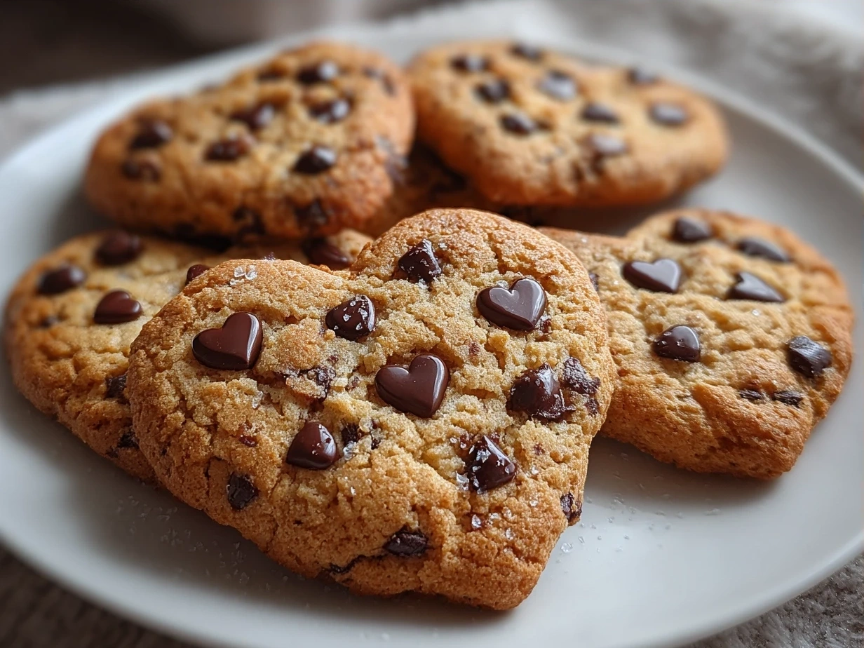 Freshly baked Heart-Shaped Chocolate Chip Cookies cooling on a wire rack, golden and delicious