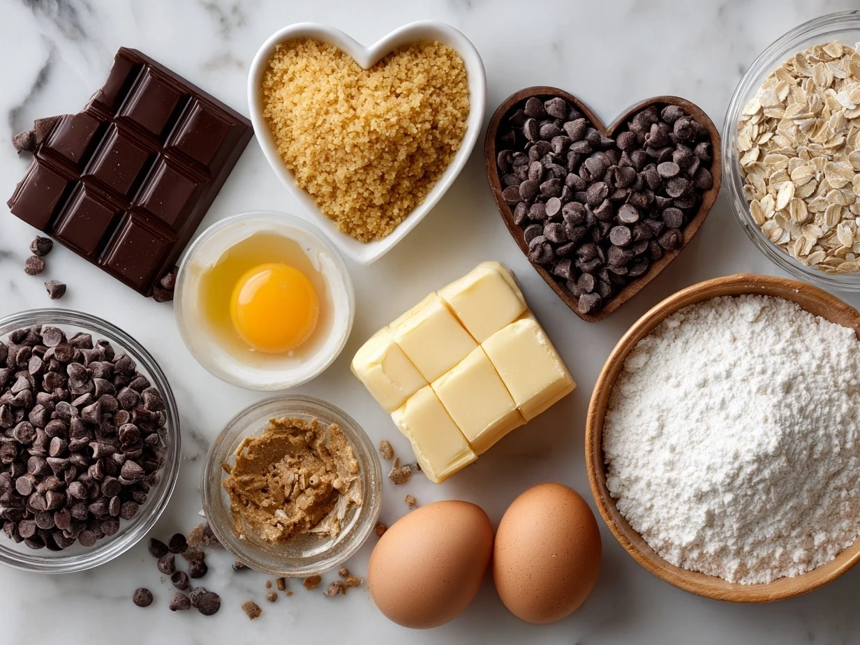 Ingredients for Heart-Shaped Chocolate Chip Cookies including butter, sugar, eggs, vanilla, flour, baking soda, salt, and semi-sweet chocolate chips