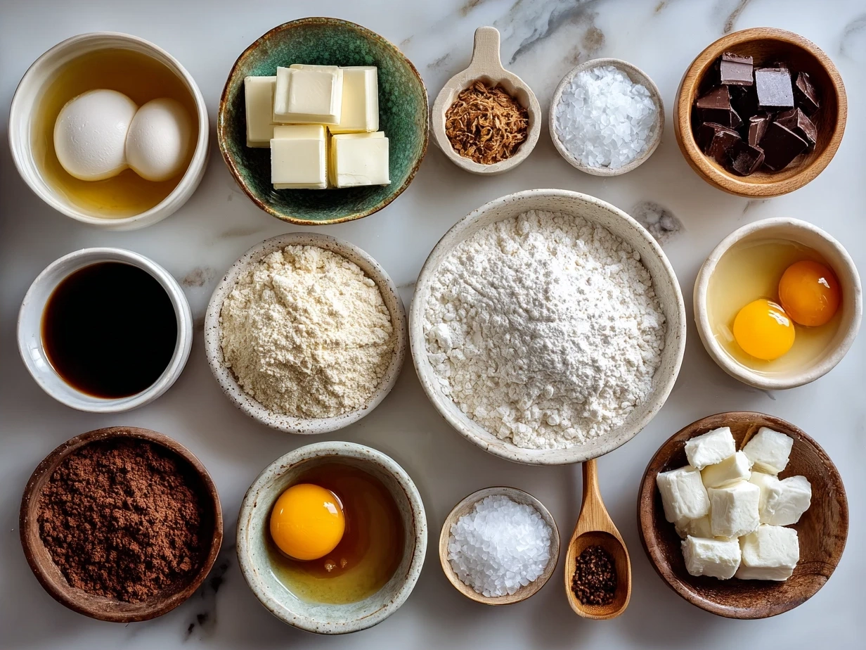 Ingredients for Hidden Heart Chocolate Loaf Cake including flour, cocoa powder, eggs, and red velvet batter components