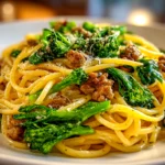 Home Cook, iPhone 14. Close-up slight angle of delicious ground turkey broccoli pasta on white plate. Fresh vibrant --ar 4:3 --style raw --s 235