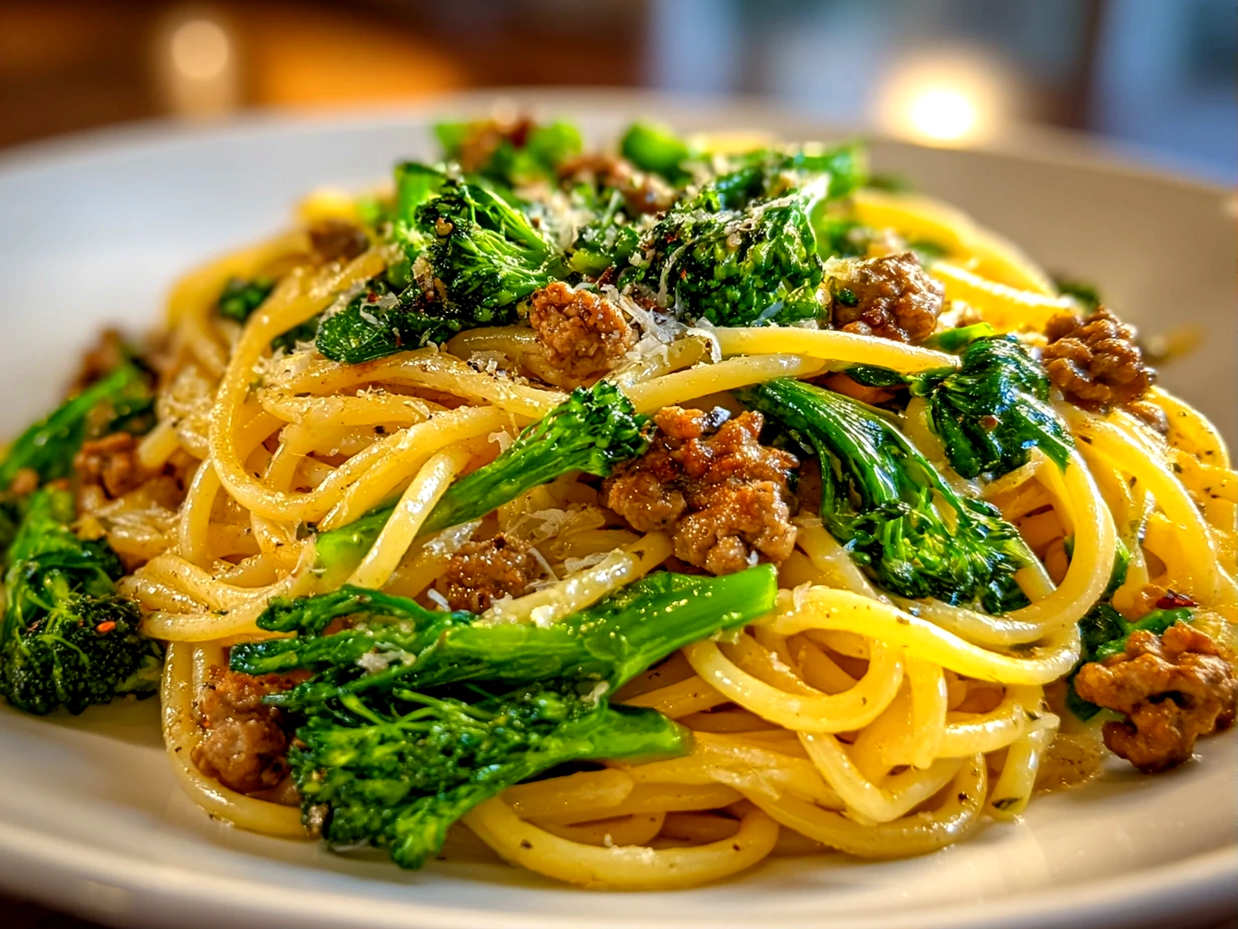 Home Cook, iPhone 14. Close-up slight angle of delicious ground turkey broccoli pasta on white plate. Fresh vibrant --ar 4:3 --style raw --s 235