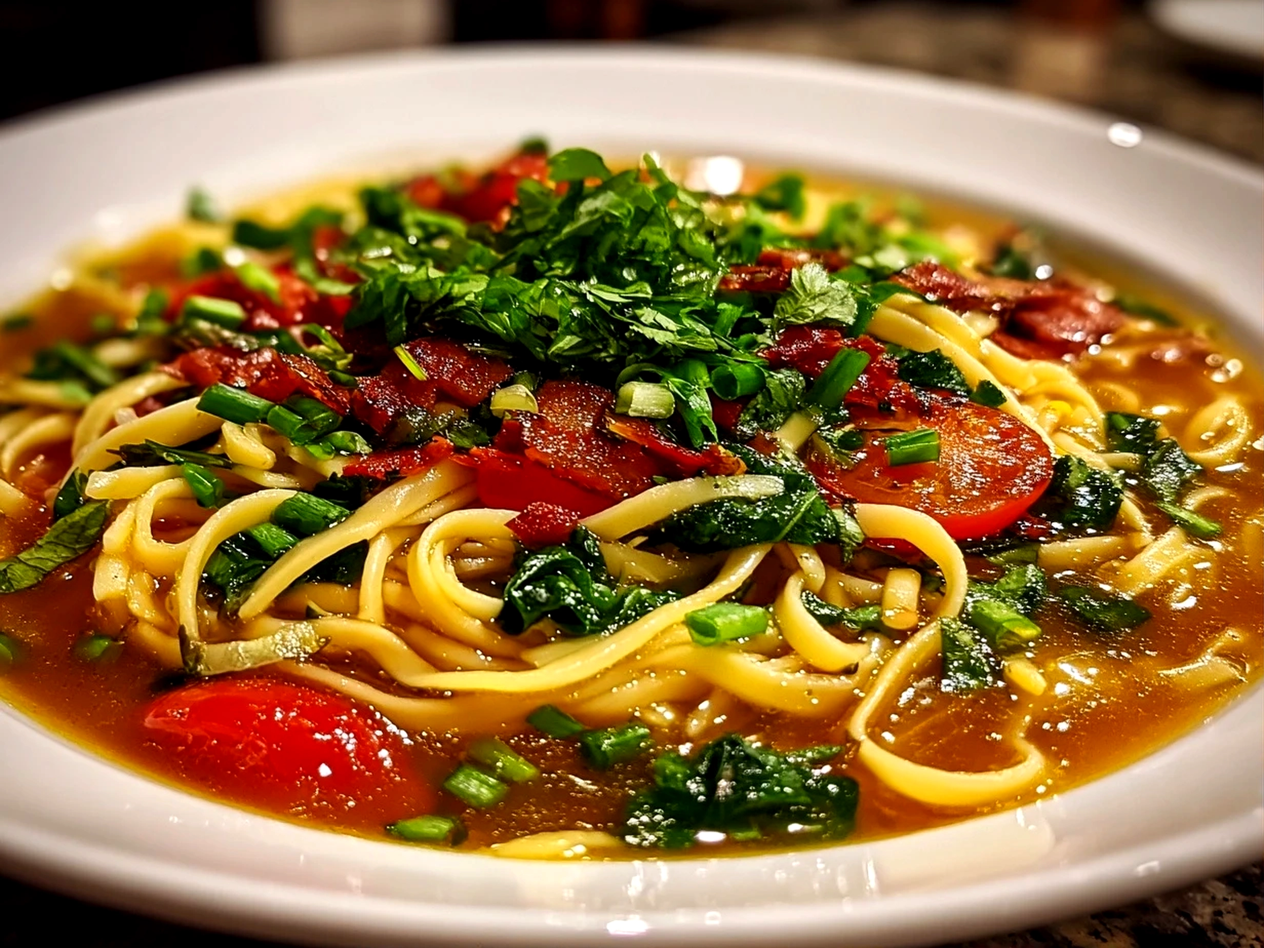 Home cook, iPhone 15 Pro. Close-up slight angle of comforting Tomato Basil Noodle Soup on white plate. mouthwatering --ar 4:3 --style raw --s 235