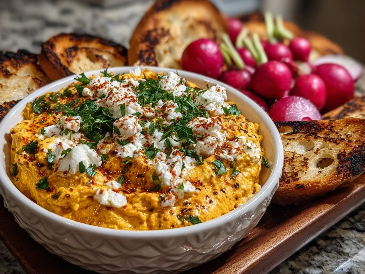 Close-up of finished pumpkin whipped feta dip served in a bowl, ready to eat