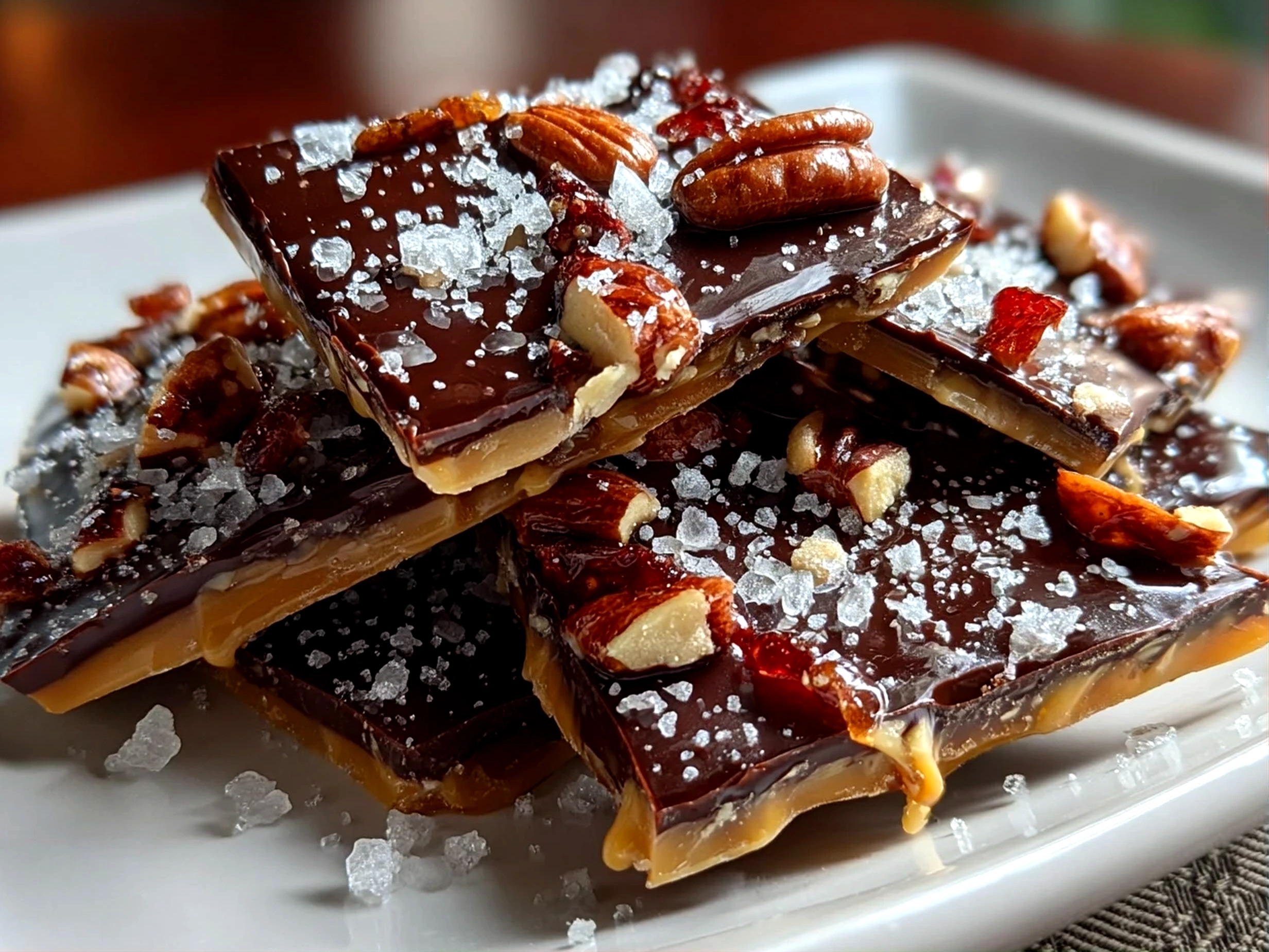 Home cook, taken with iPhone 14. Close-up slight angle of freshly prepared Chocolate Date Bark on white plate. Mouthwatering --ar 4:3 --style raw --s 220