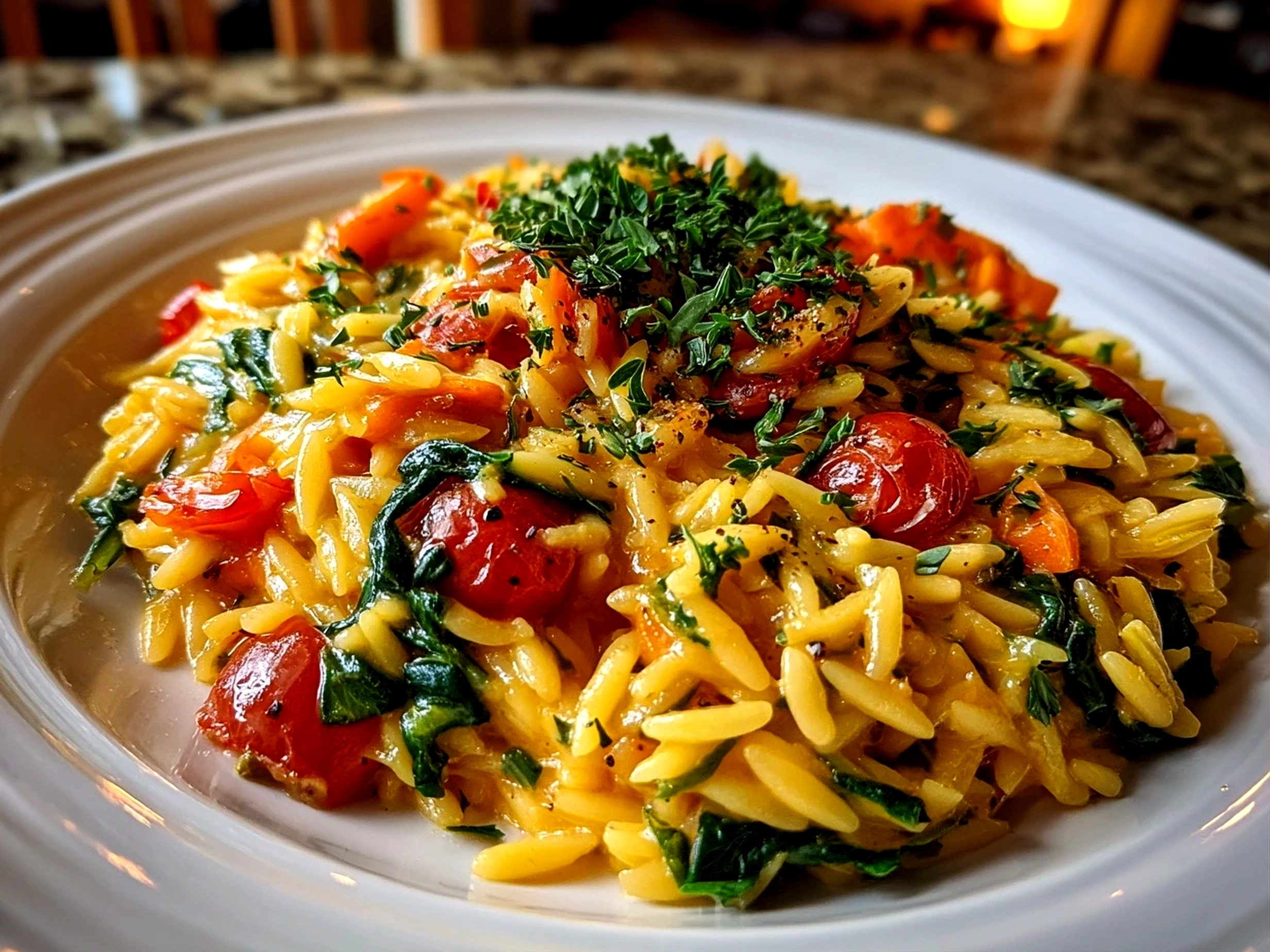 Homemade One-Pot Veggie Cream Orzo plated