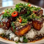 Homemade sticky tofu bowls served on clean counter
