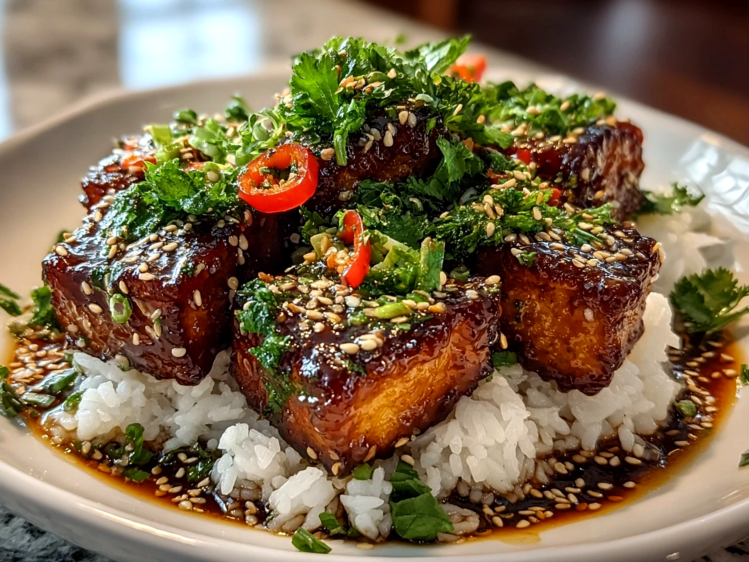 Homemade sticky tofu bowls served on clean counter