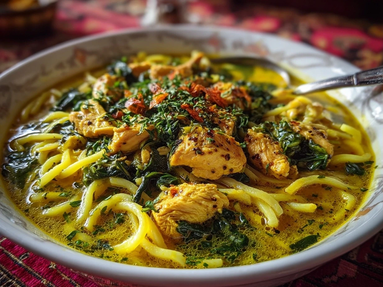 Close-up of homemade Turmeric Ginger Chicken Noodle Soup finished and ready to serve