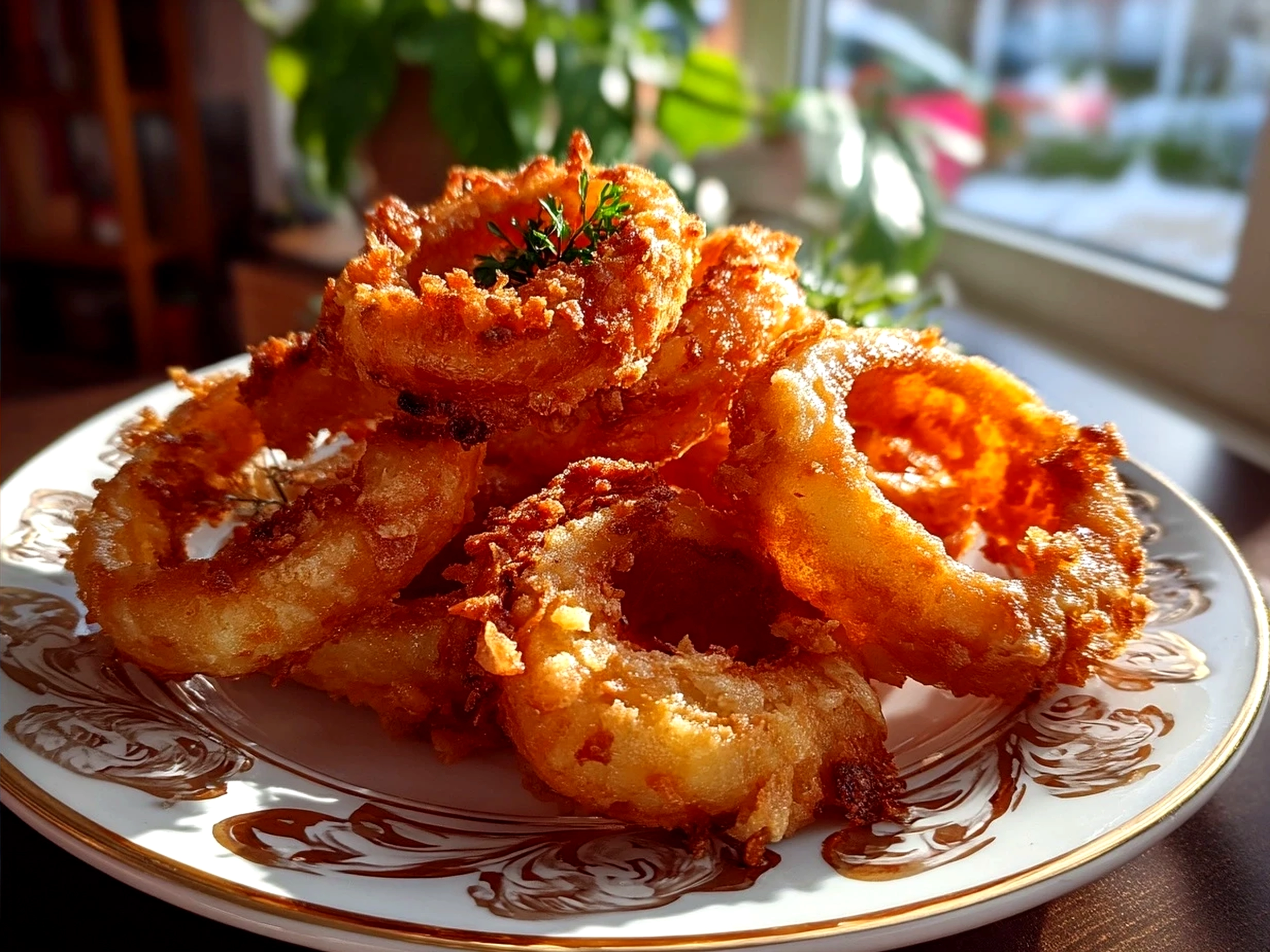 Serving Homemade Crispy Onion Rings piled high with dipping sauces ready to eat
