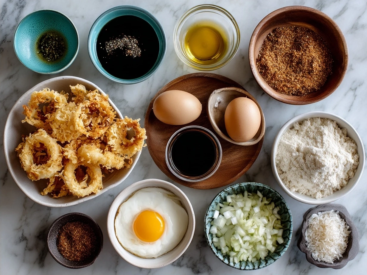 Ingredients for Homemade Crispy Onion Rings including onions, flour, spices, buttermilk, egg, panko breadcrumbs, and vegetable oil