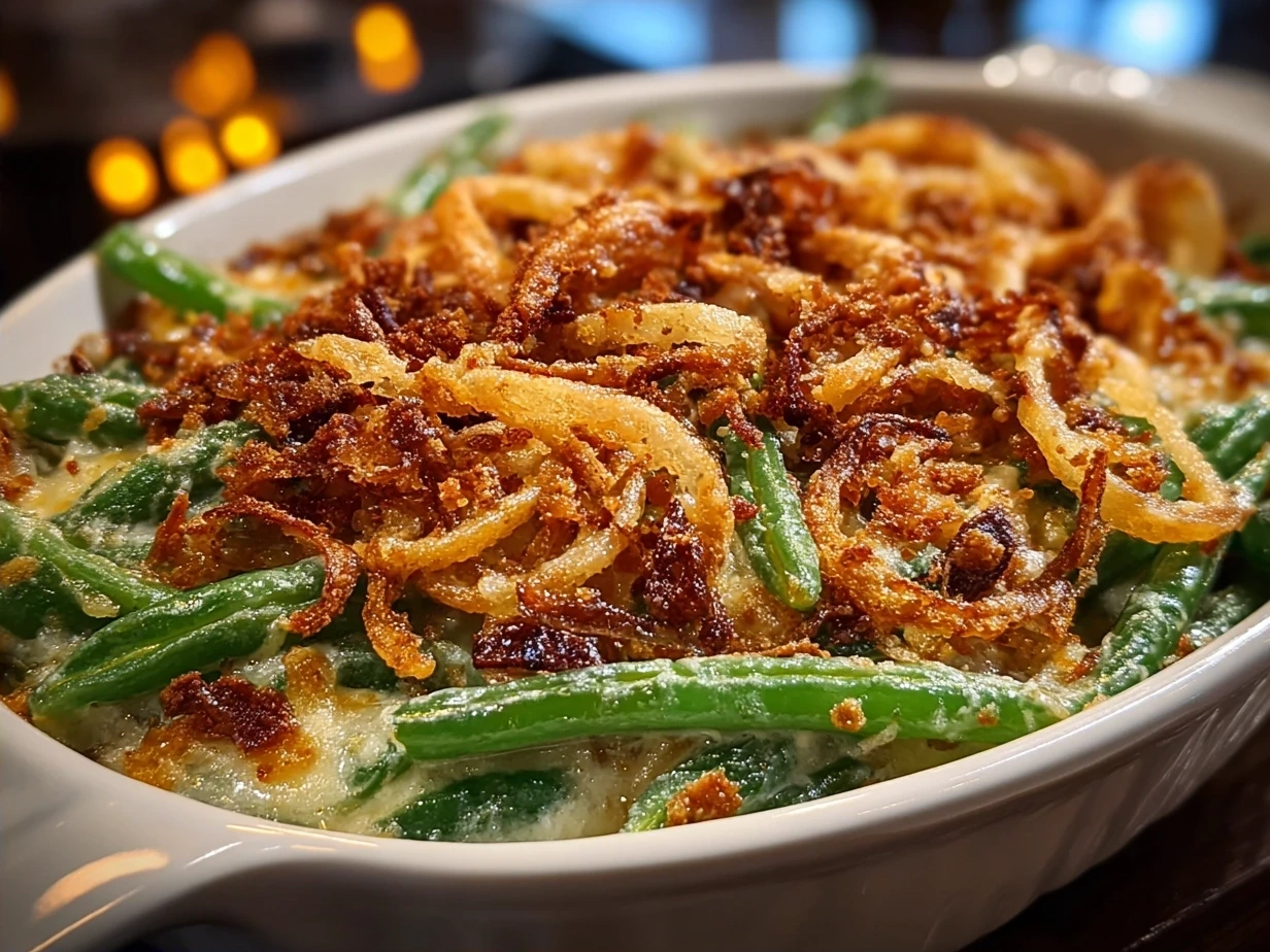 Homemade Green Bean Casserole fresh from oven with golden crispy fried onion topping