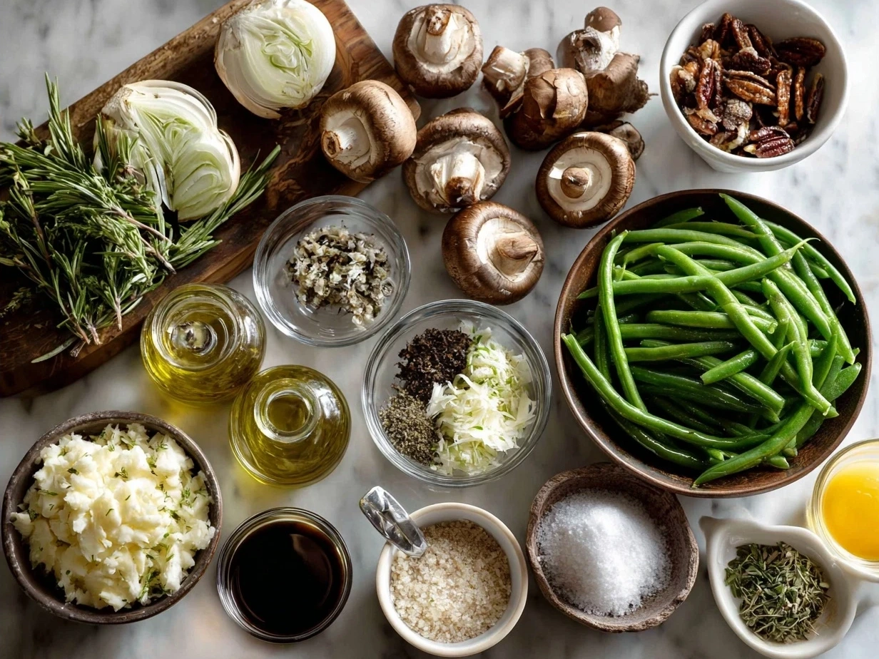 Ingredients for Homemade Green Bean Casserole including fresh green beans, mushrooms, butter, milk, and crispy fried onions