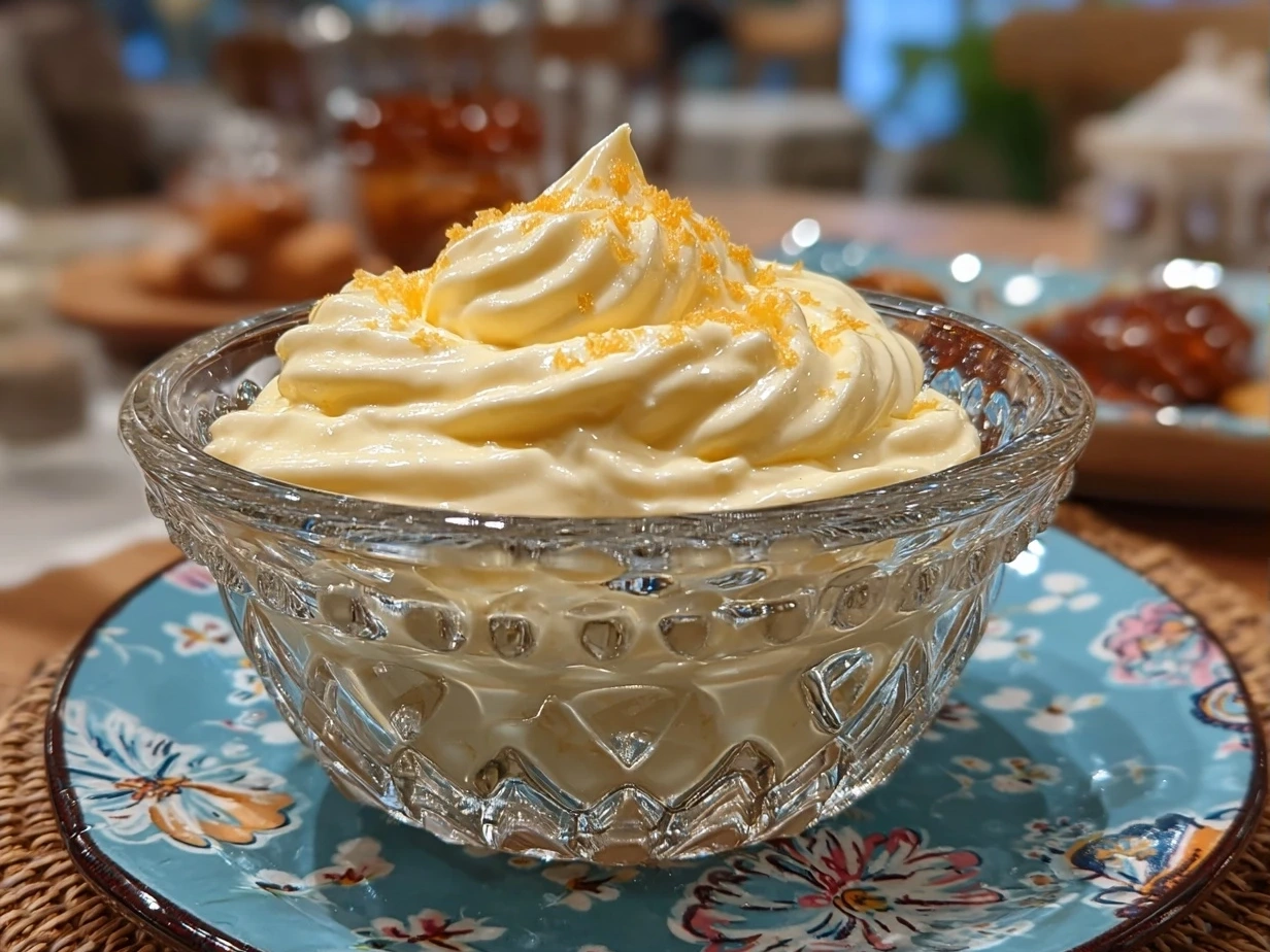 Finished bowl of creamy homemade mayonnaise with a glossy texture and a spoon ready for serving