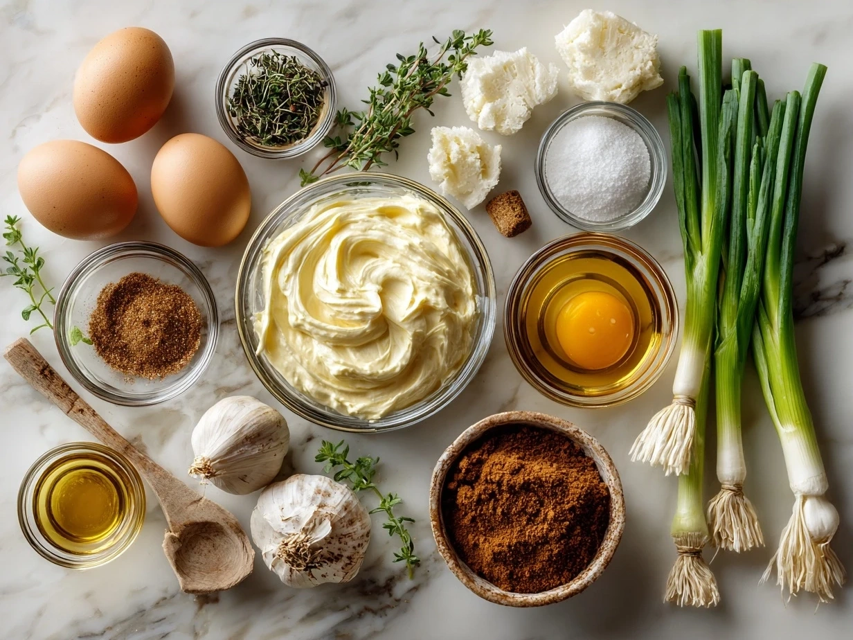 Ingredients for homemade mayonnaise neatly arranged on a kitchen counter including eggs, mustard, vinegar, and oil