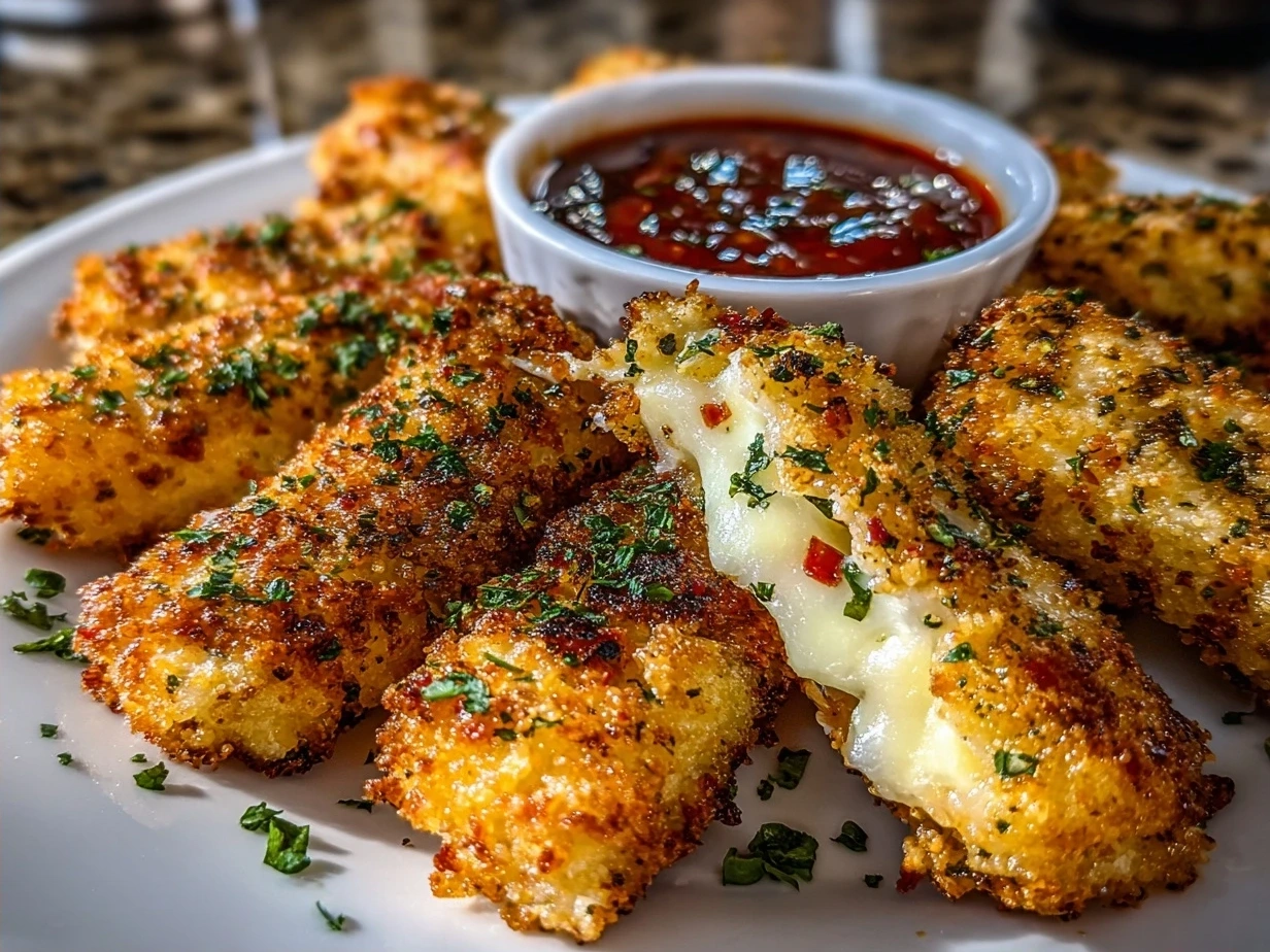 Golden crispy homemade mozzarella sticks with a cheesy pull