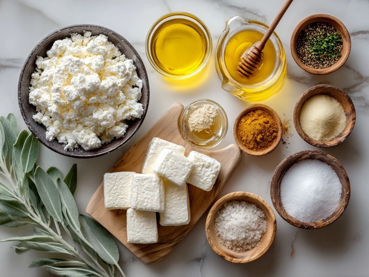Ingredients for homemade mozzarella sticks including low-moisture mozzarella, flour, eggs, seasoned breadcrumbs, and spices