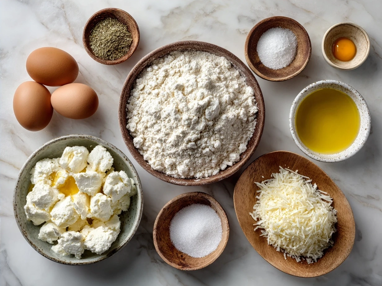 Ingredients for Honey Ricotta Pizza laid out on a counter including pizza dough, ricotta, mozzarella, honey, thyme, olive oil, garlic, salt and pepper.