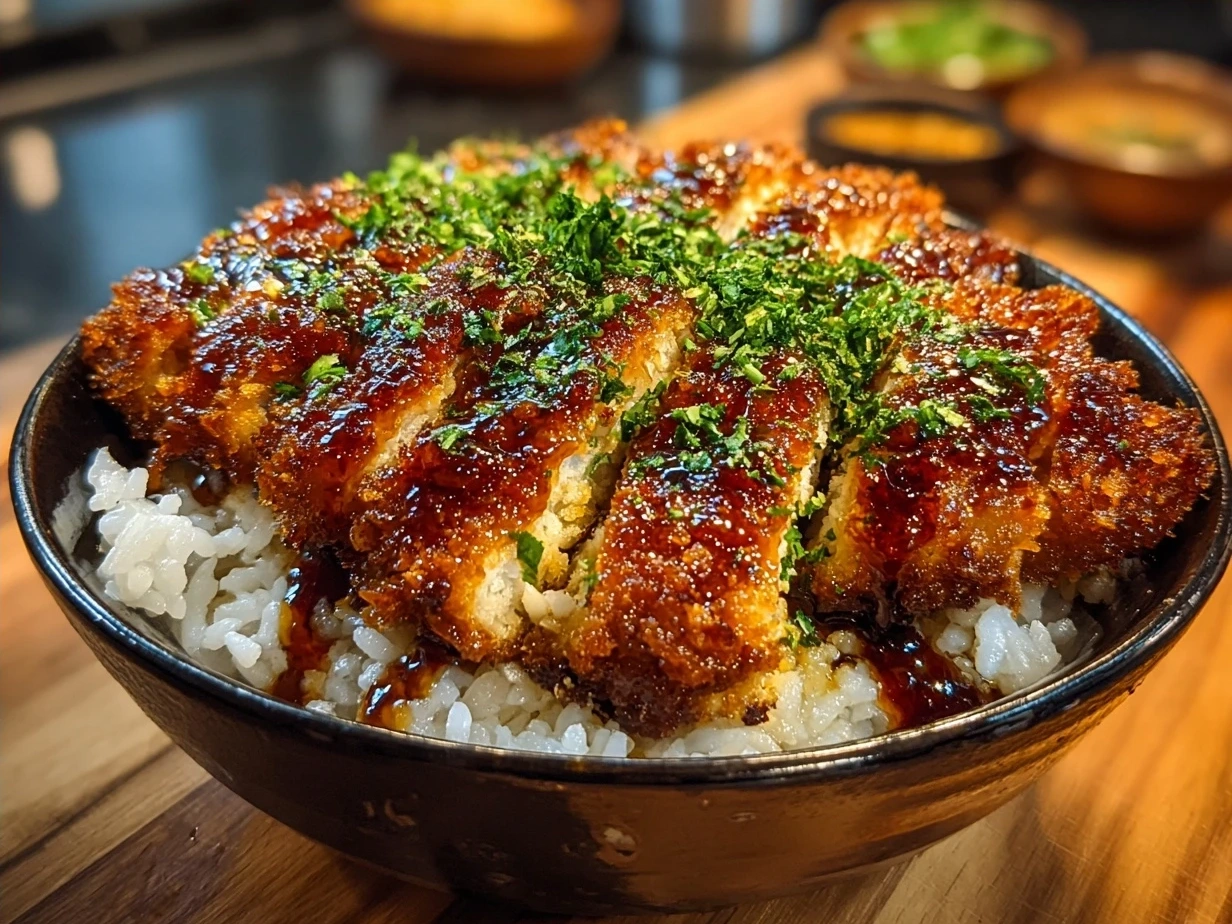 Final serving of Japanese Katsu Bowls with crispy cutlets over rice and garnishes