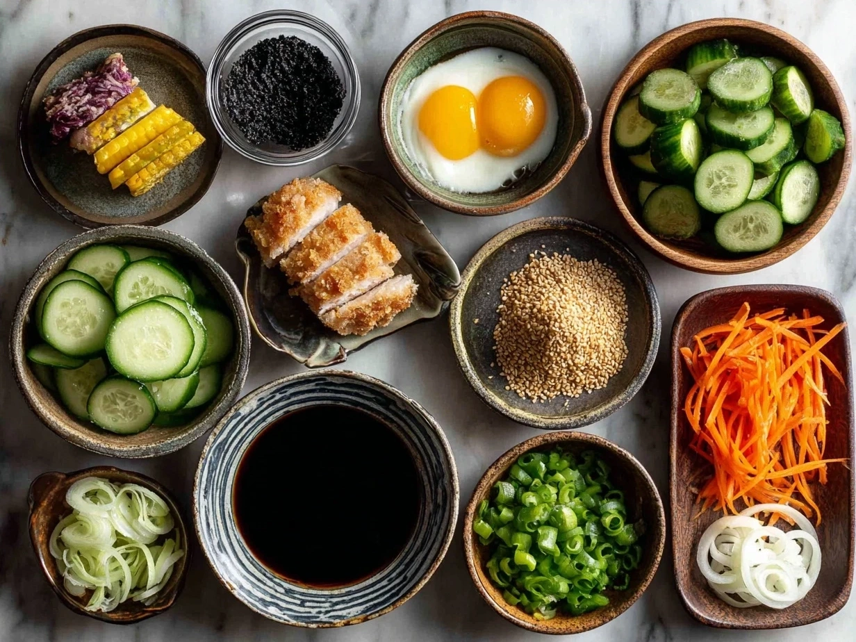 Ingredients for Japanese Katsu Bowls recipe including chicken, panko, eggs, rice, and sauce