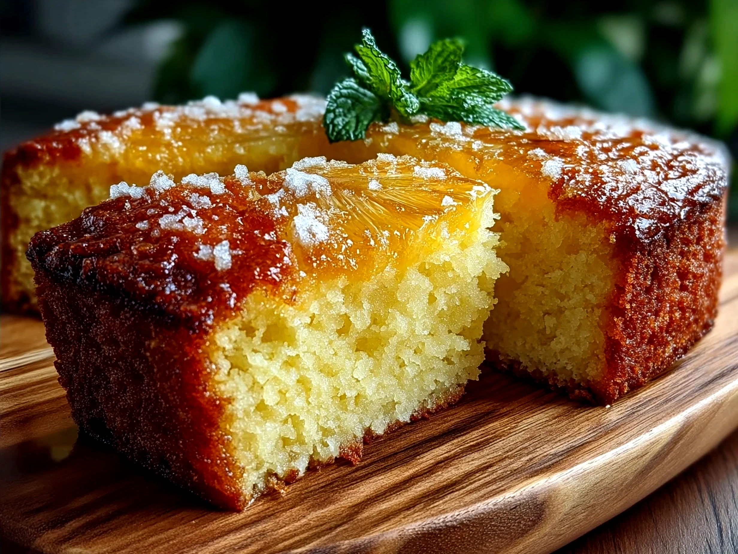 Sliced Juicy Pineapple Cake served on a plate with a fork and fresh fruit