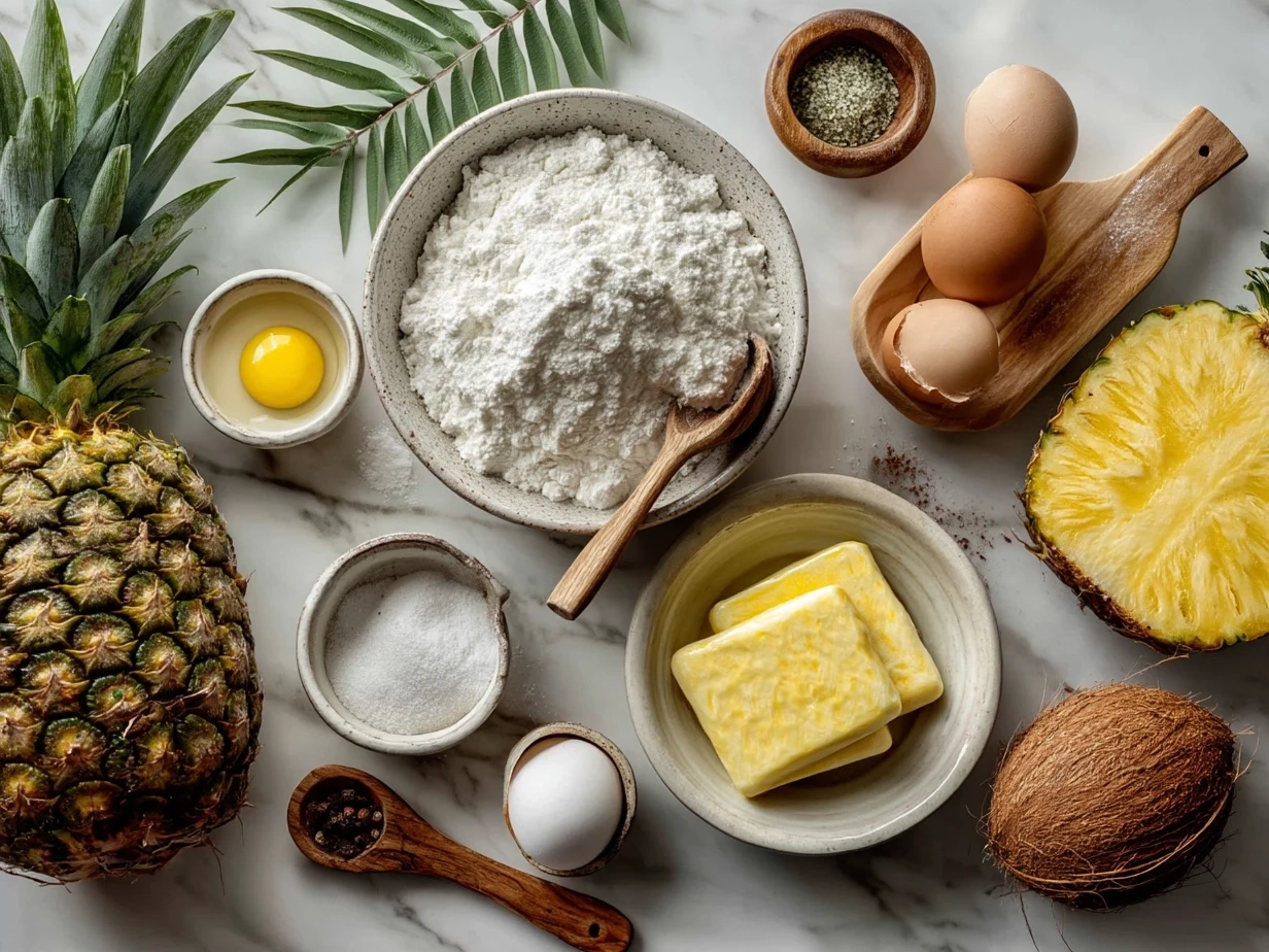 Ingredients for Juicy Pineapple Cake laid out on a kitchen counter