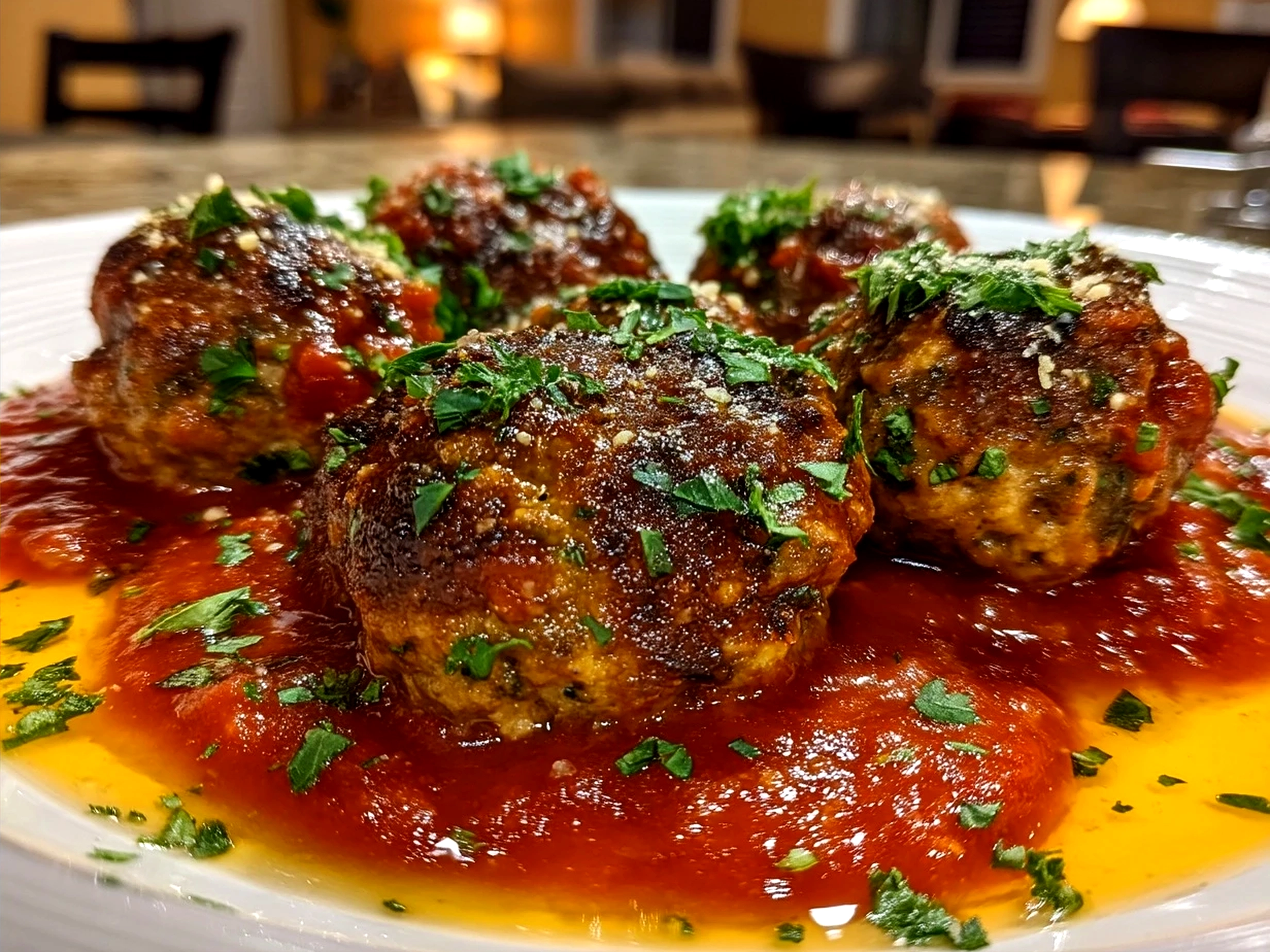 Plate of Keto Italian Meatballs with Marinara Sauce served with side salad