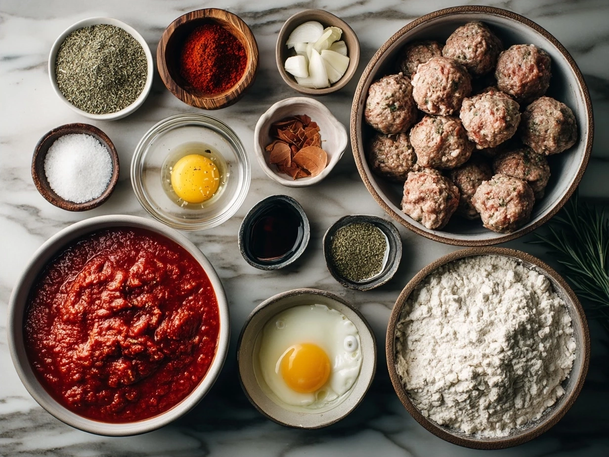 Ingredients for Keto Italian Meatballs with Marinara Sauce arranged on a kitchen counter