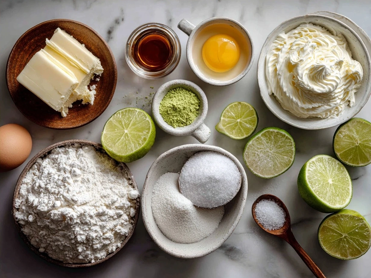 Ingredients for Key Lime Pie including graham crackers, lime juice, eggs, sugar and butter