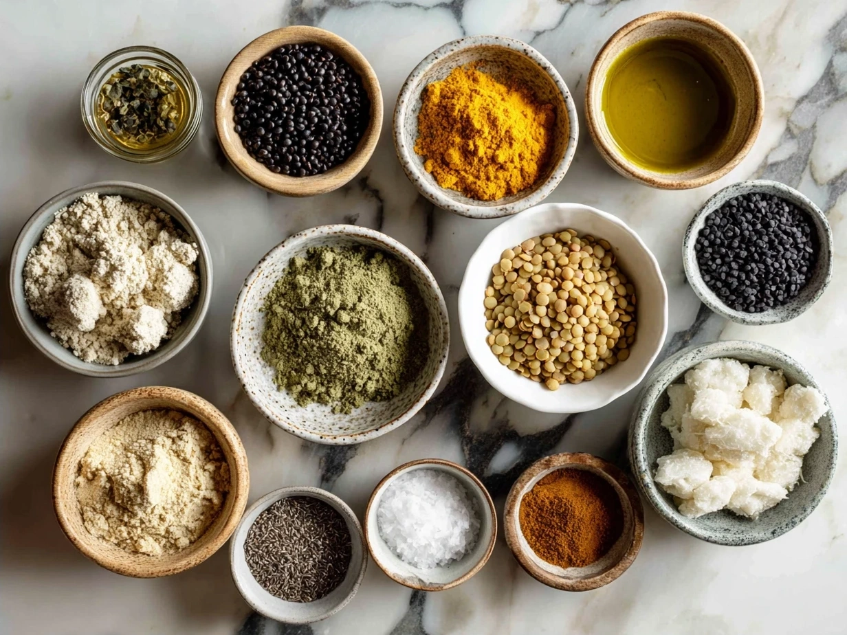 Ingredients for lentil burgers laid out on a wooden surface