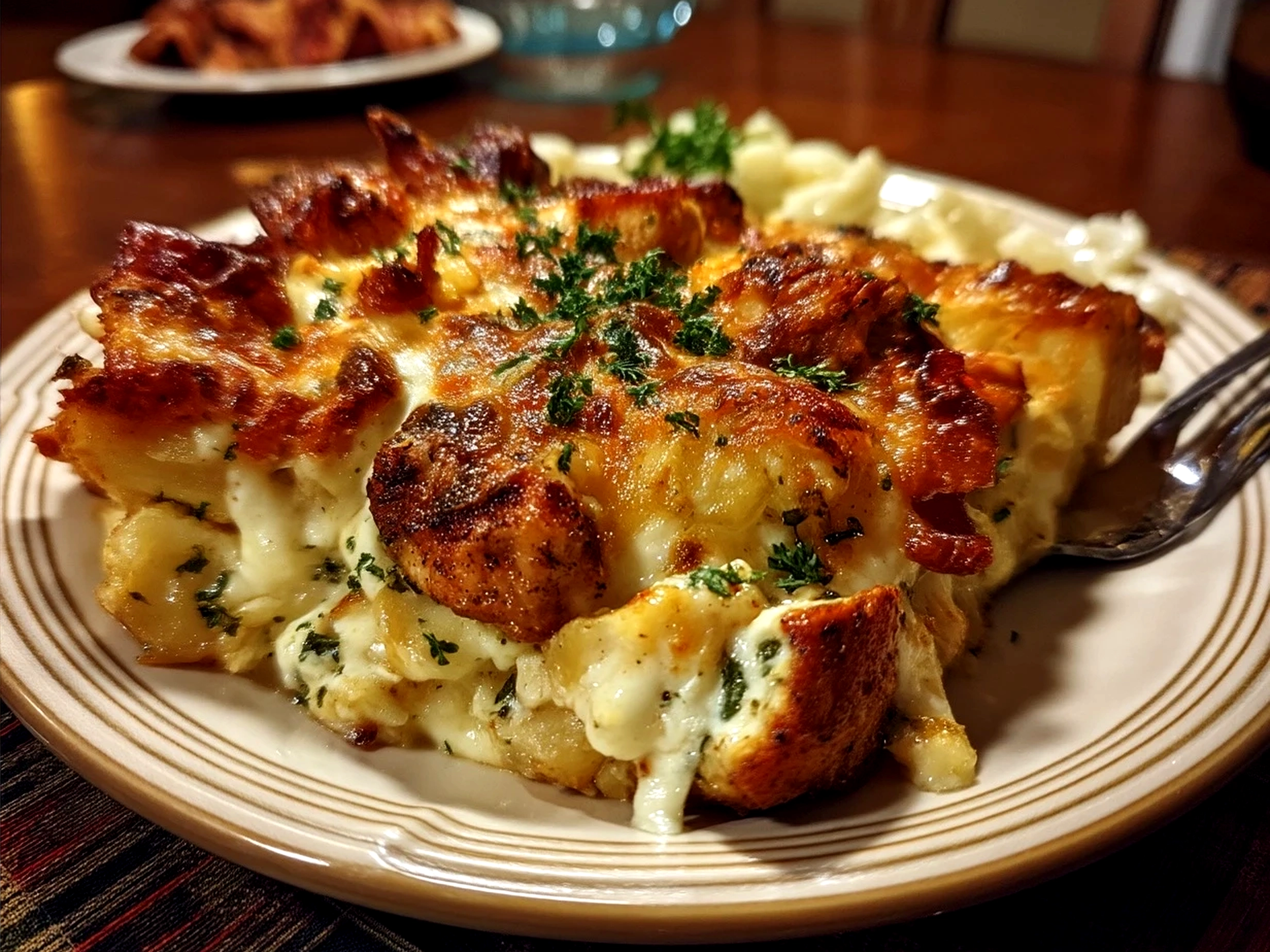 Close up of plated Low Carb Chicken Casserole with melted cheese and crispy topping