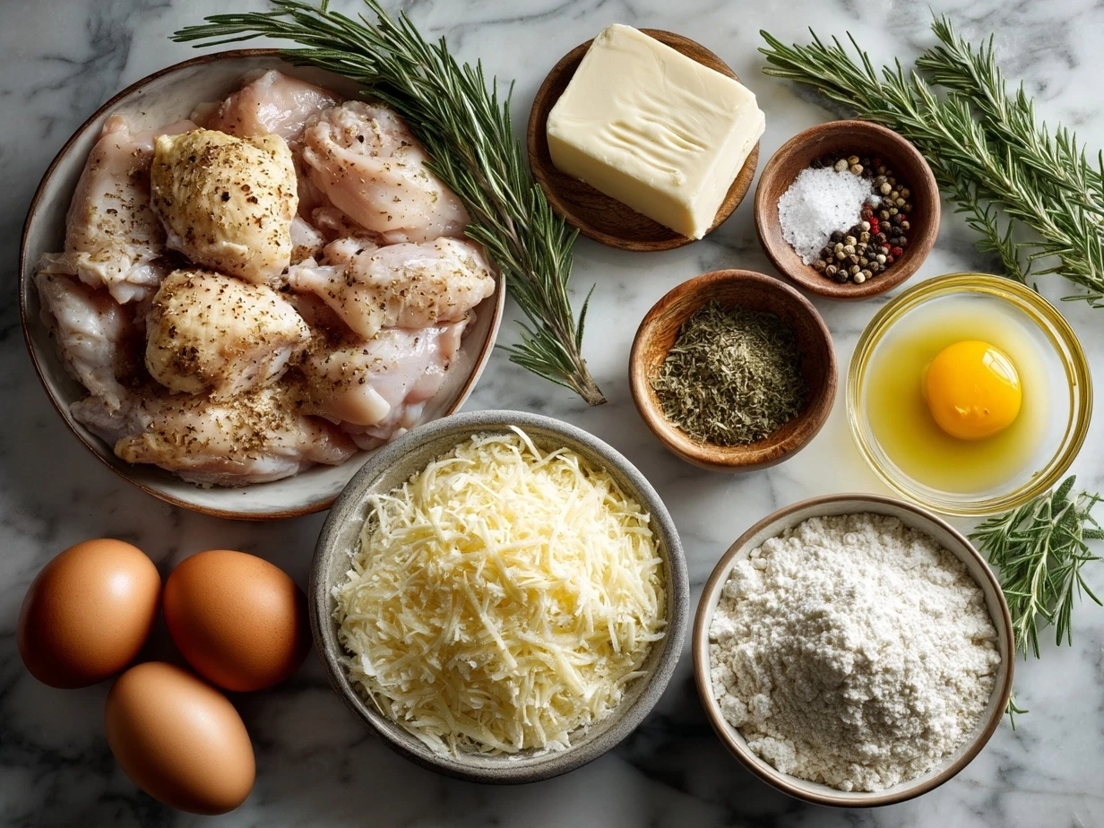 Ingredients for Low Carb Chicken Casserole including shredded chicken, cream cheese, cheddar, Parmesan, mushrooms, onion, garlic, sour cream, broccoli, thyme, salt, pepper, pork rinds, olive oil