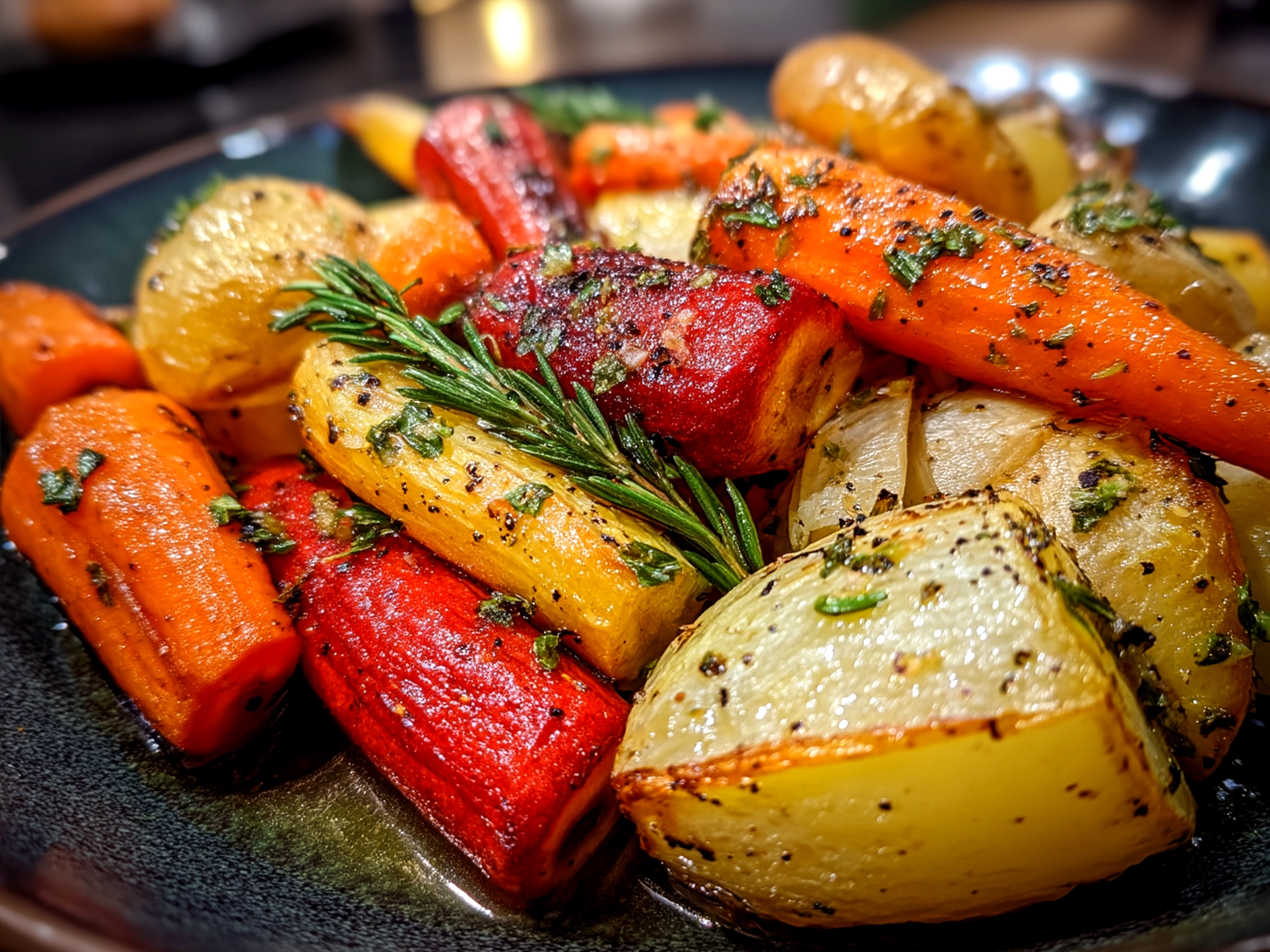 Maple Dijon Roasted Apples Carrots served on a rustic wooden board with fresh herbs