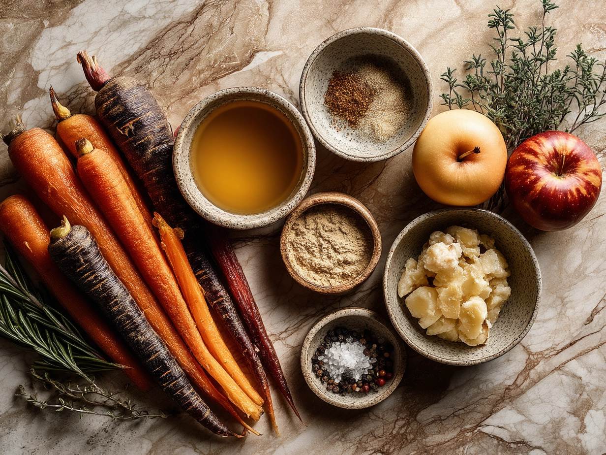 Ingredients for Maple Dijon Roasted Apples Carrots including carrots, apples, maple syrup, Dijon mustard and more