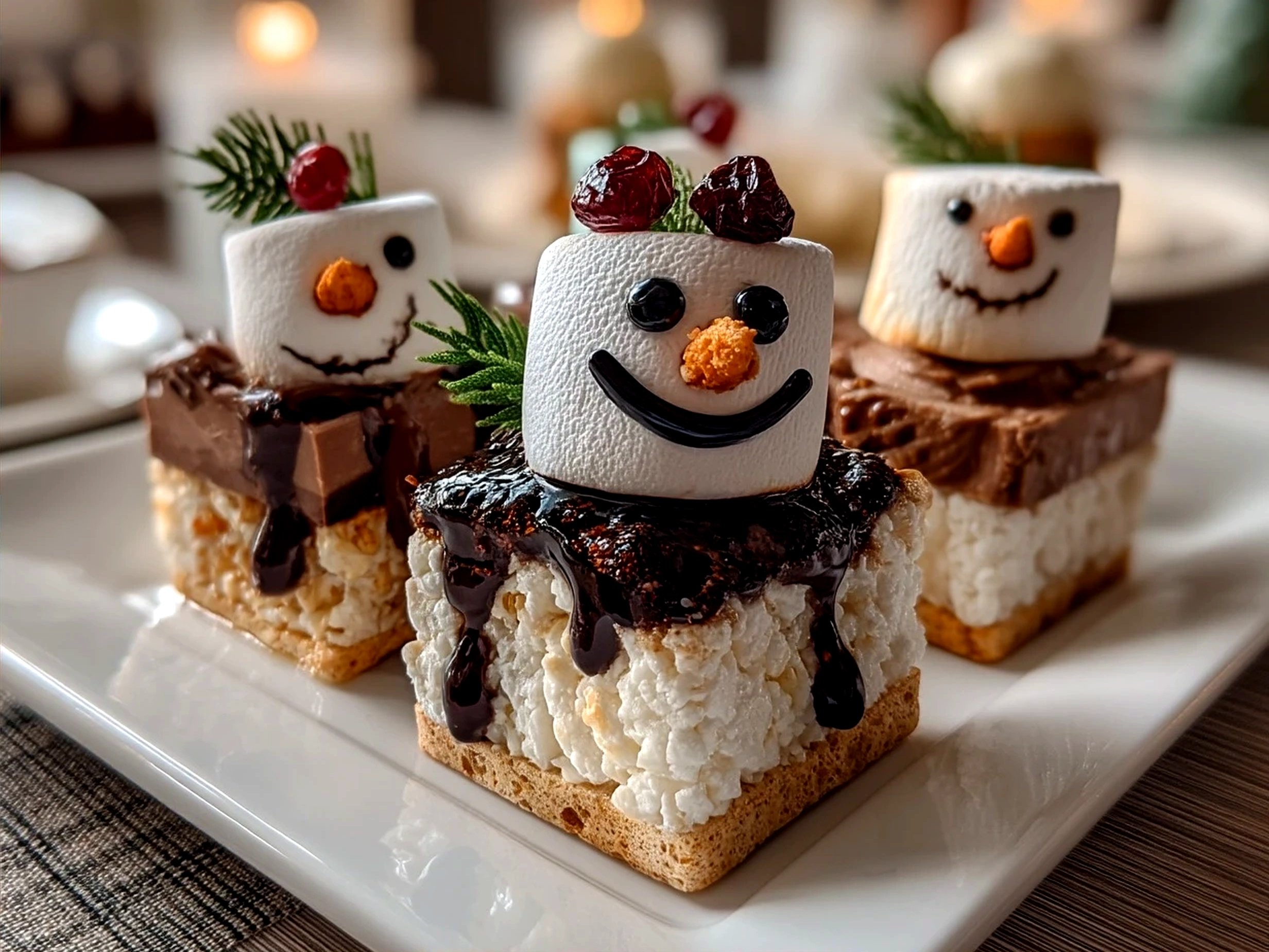 Plated Marshmallow Snowman Treats ready to serve with cocoa on a festive tray