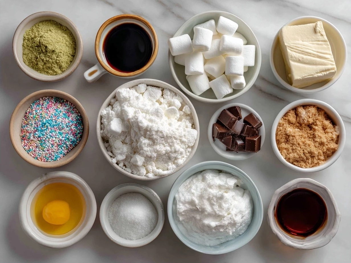 Ingredients laid out for Marshmallow Snowman Treats including marshmallows, mini chocolate chips, pretzels, and candy
