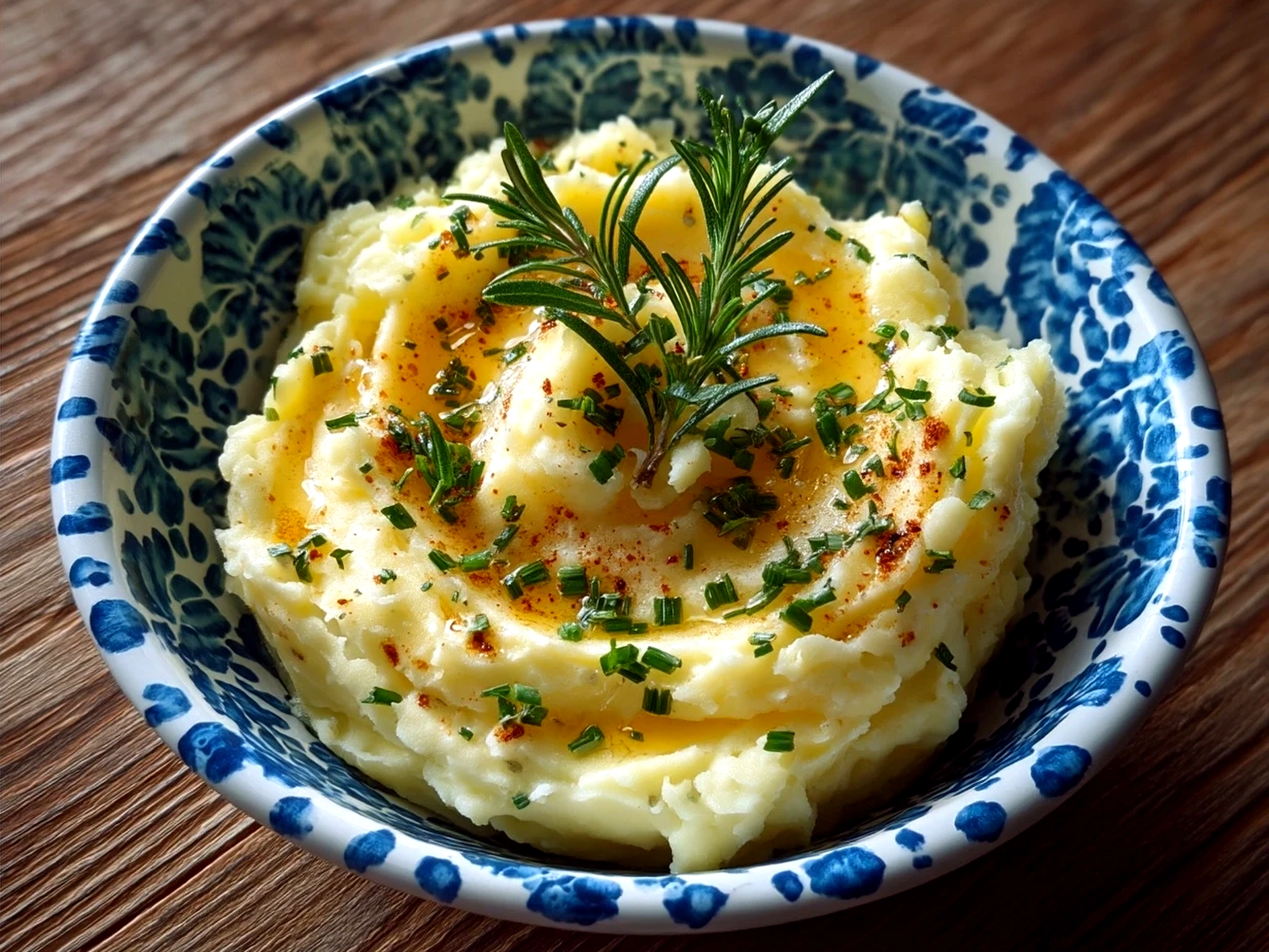 Serving of creamy garlic mashed potatoes in a bowl