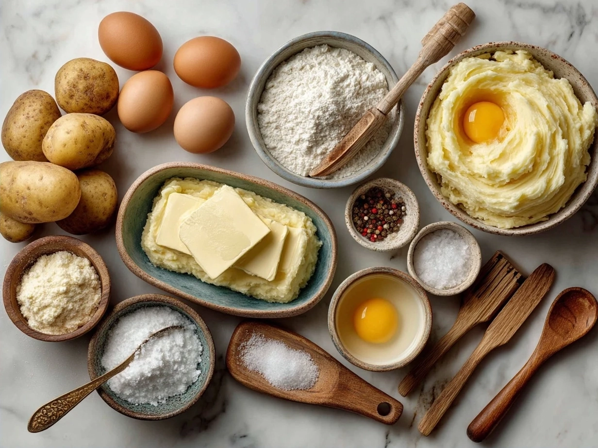 Ingredients for creamy mashed potatoes including Yukon Gold potatoes, butter, milk, and garlic