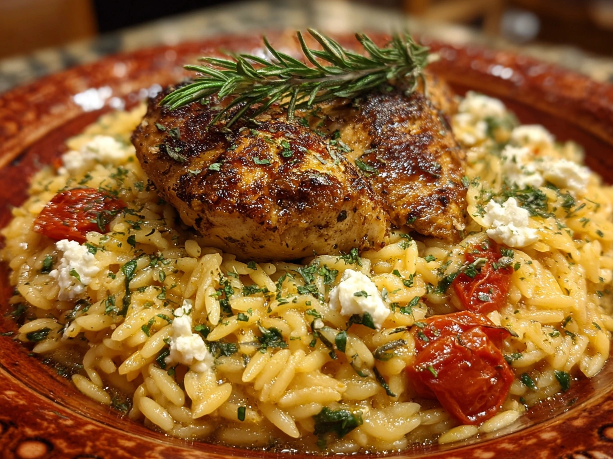 Mediterranean Chicken and Orzo final dish garnished with parsley and feta cheese