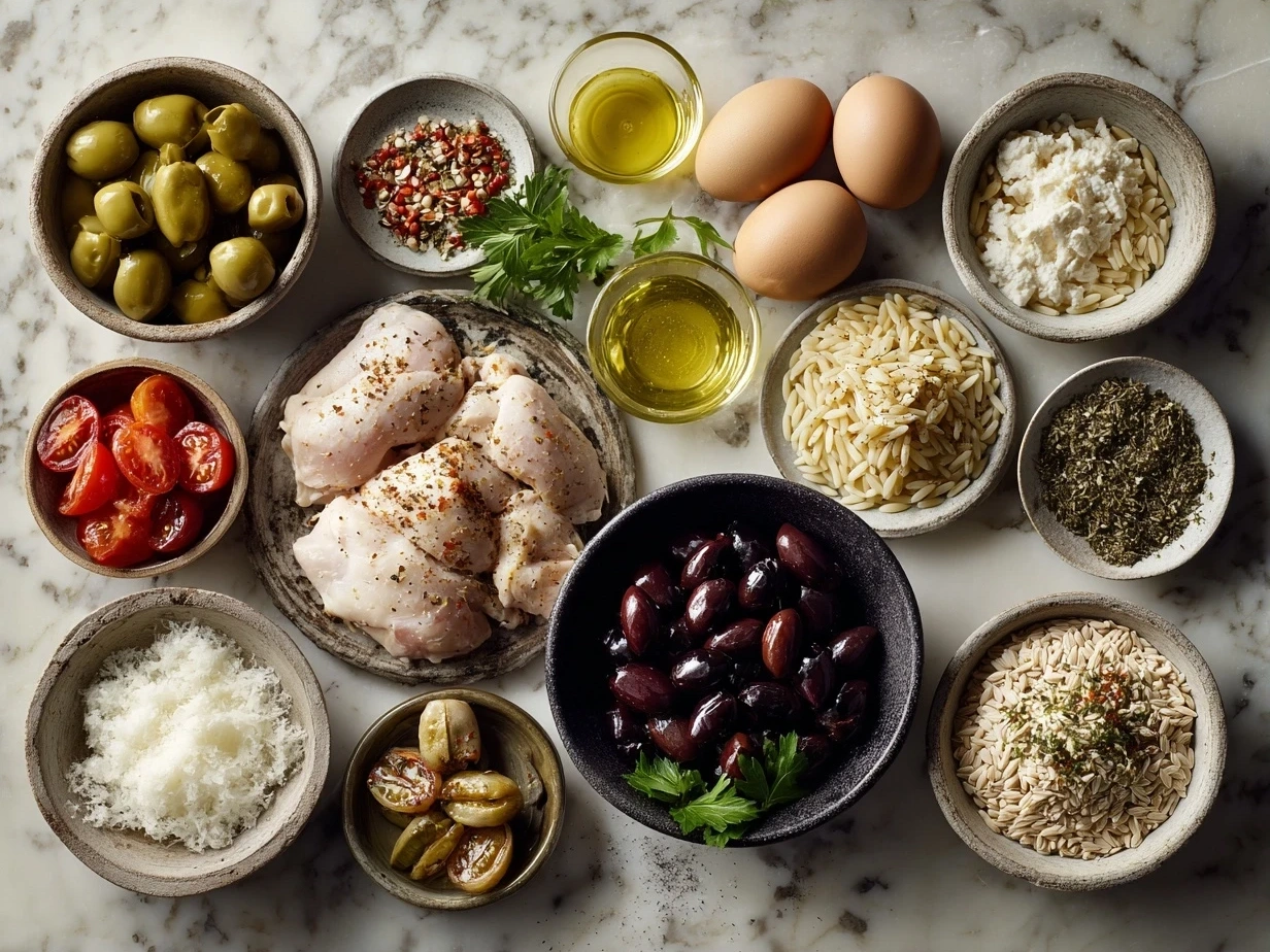 Ingredients for Mediterranean Chicken and Orzo including chicken thighs, orzo pasta, chicken broth, olive oil, garlic, oregano, lemon, cherry tomatoes, feta cheese, and parsley