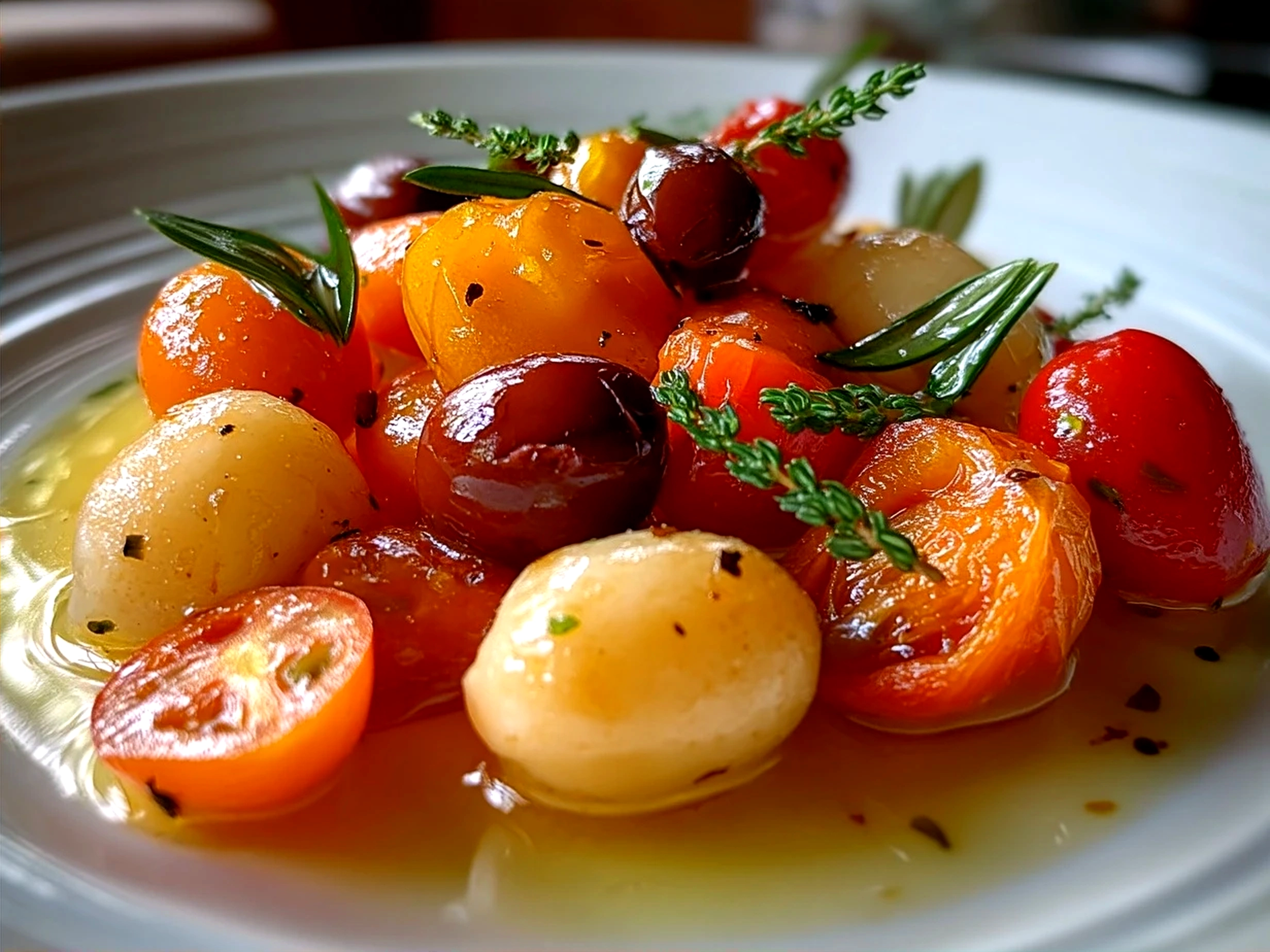 Freshly served Mediterranean Olive Cherry Tomato salad in a bowl garnished with basil