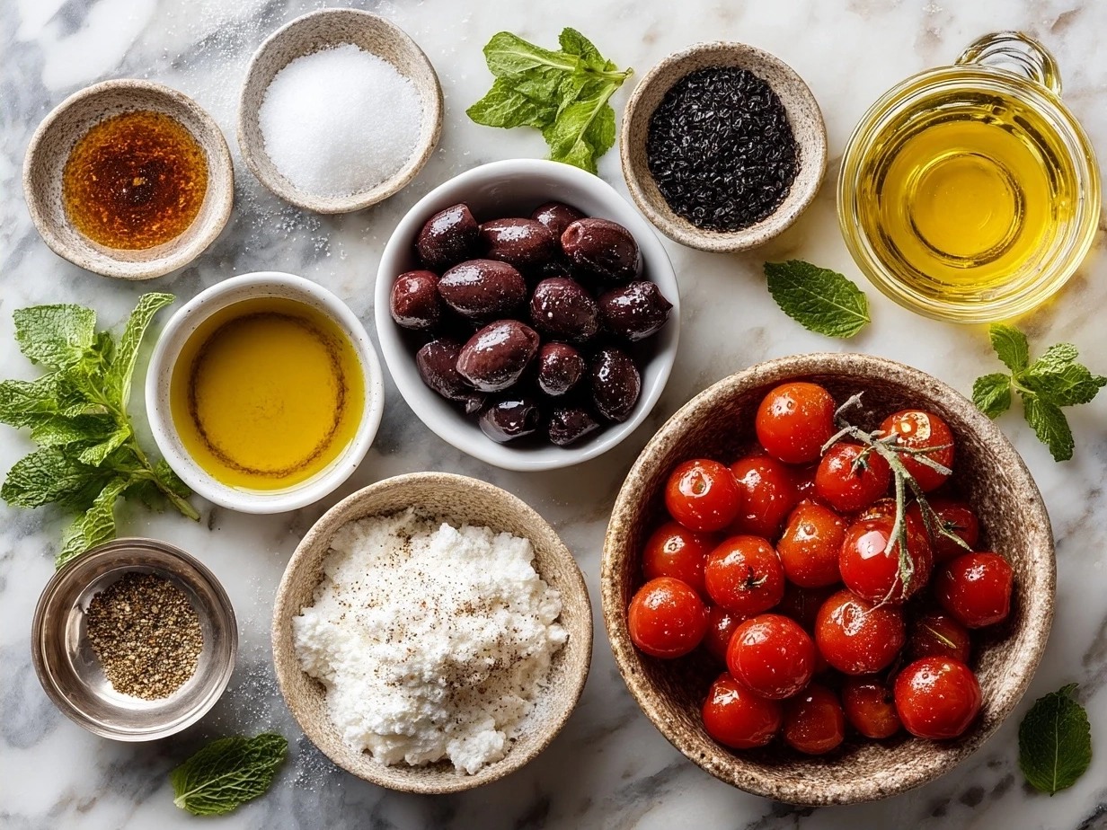Ingredients for Mediterranean Olive Cherry Tomato including cherry tomatoes, olives, basil, olive oil, and shallots