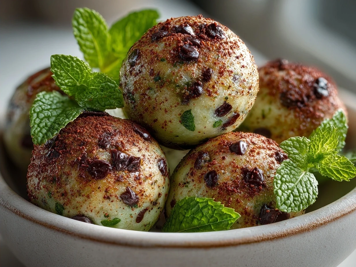 Mint Chocolate Chip Protein Balls served on a rustic plate with almond milk