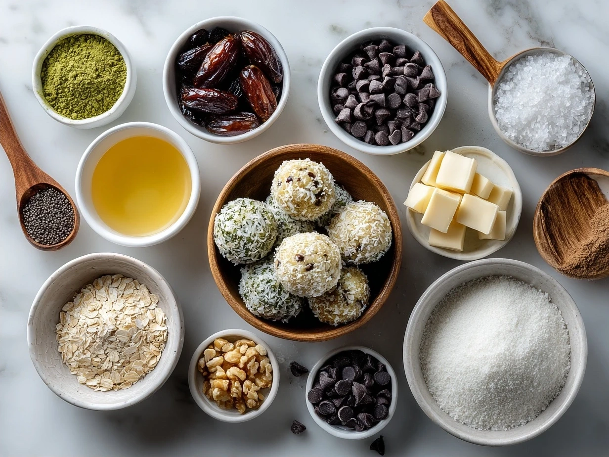 Ingredients for Mint Chocolate Chip Protein Balls laid out on a table