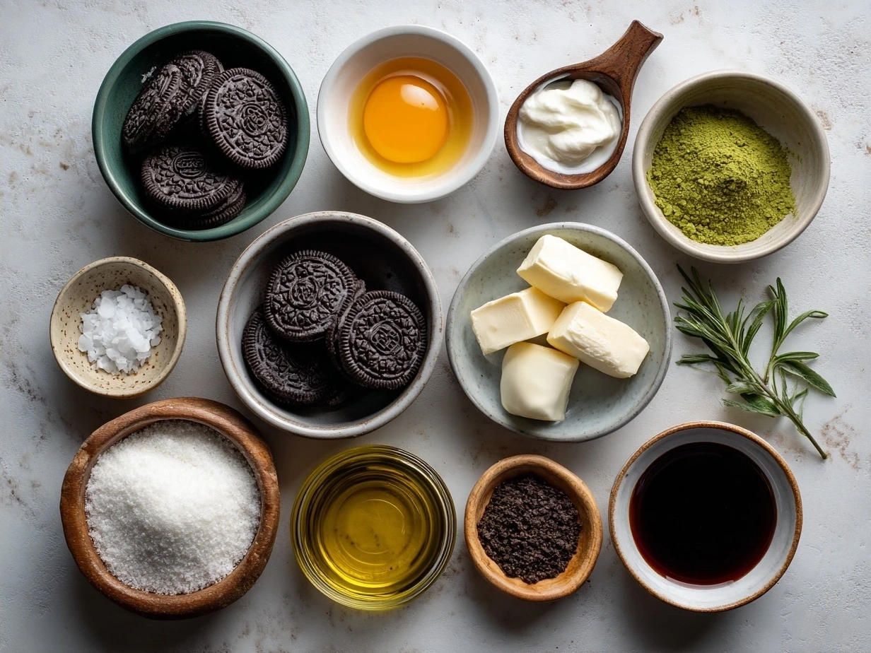 Ingredients for Mint Oreo Brownies displayed on a table